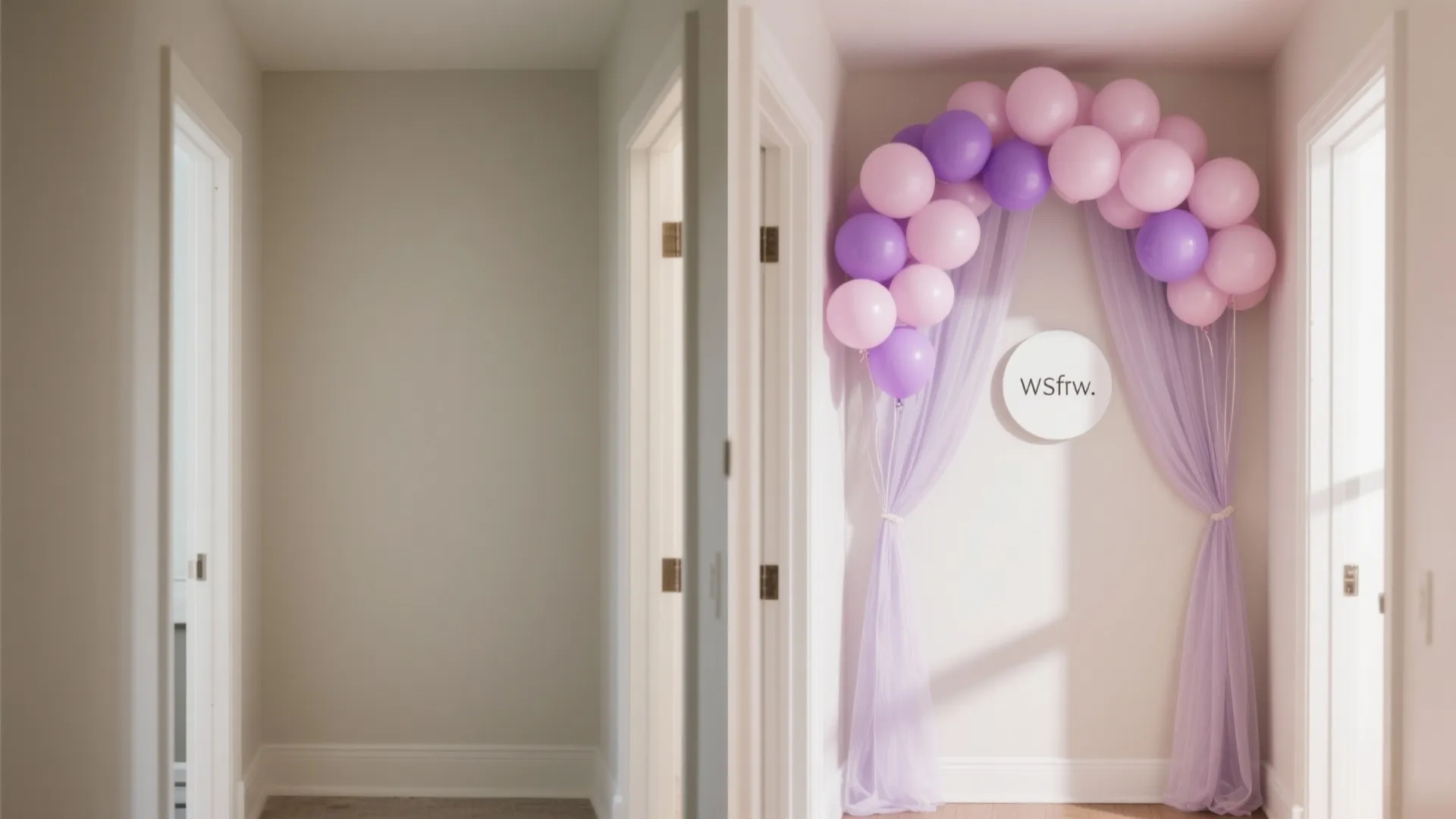Before-and-after comparison of an empty room transformed into a decorated hallway with balloons and curtains