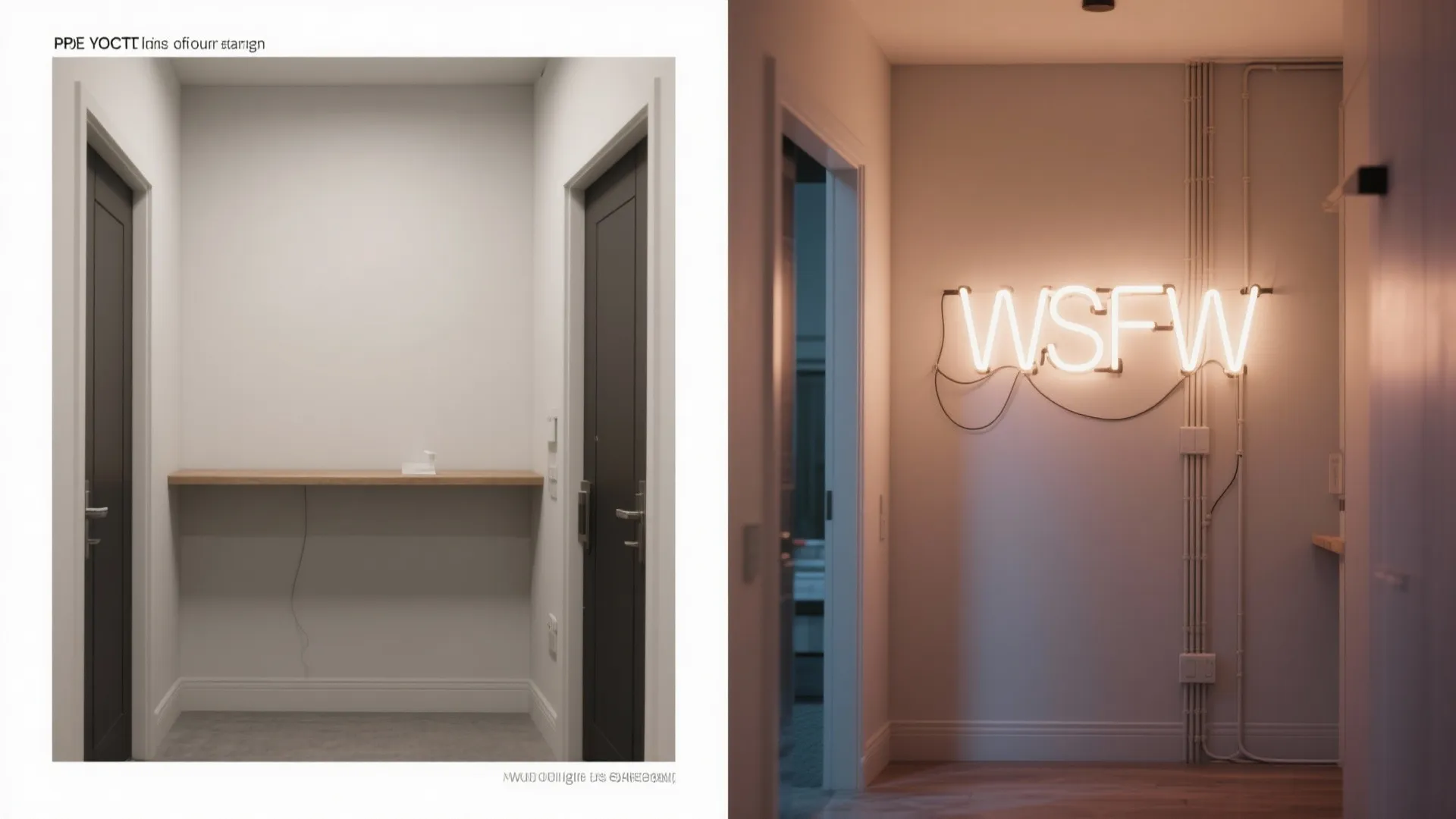 Comparison showing a simple hallway entry before and after adding a bright glowing neon sign