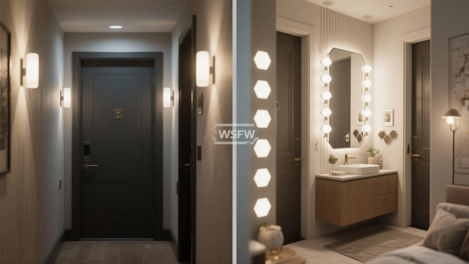 Before-and-after of a small entry showing improved brightness with a vertical hexagon light column.