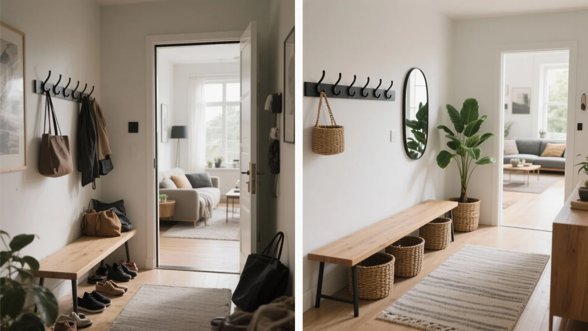 Entry-Living Room Transition Bench with Hooks