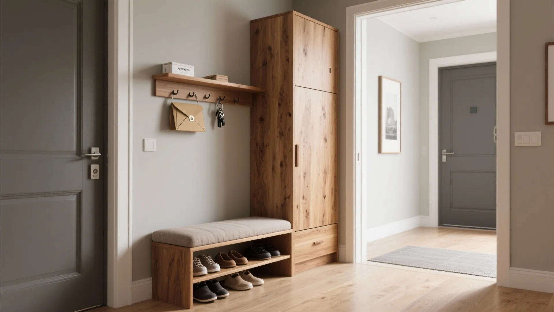 Entryway with wooden bench shoe rack and tall cabinet next to a grey entrance door
