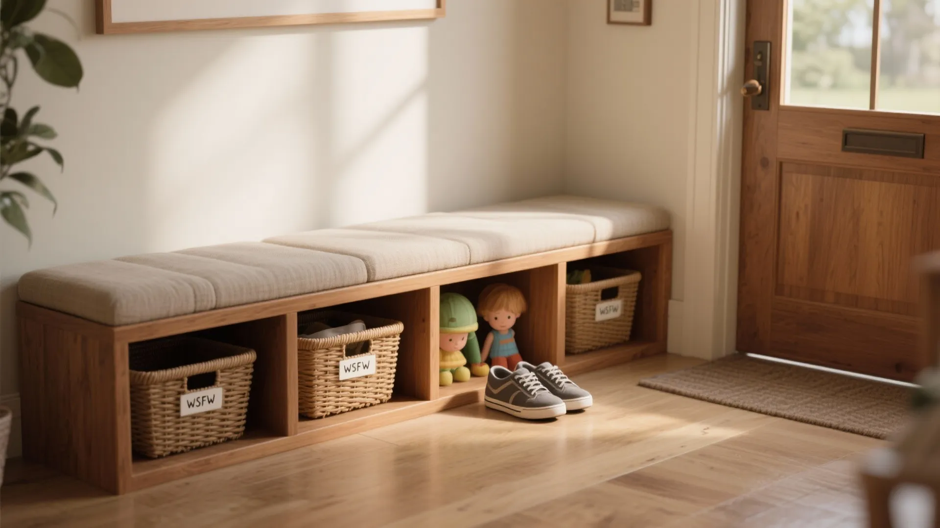 2. Bench with built-in cubbies at the entry