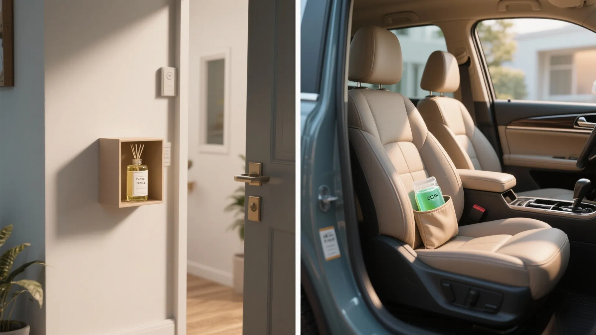 Reed diffuser on a wall shelf near a door and car air freshener in seat