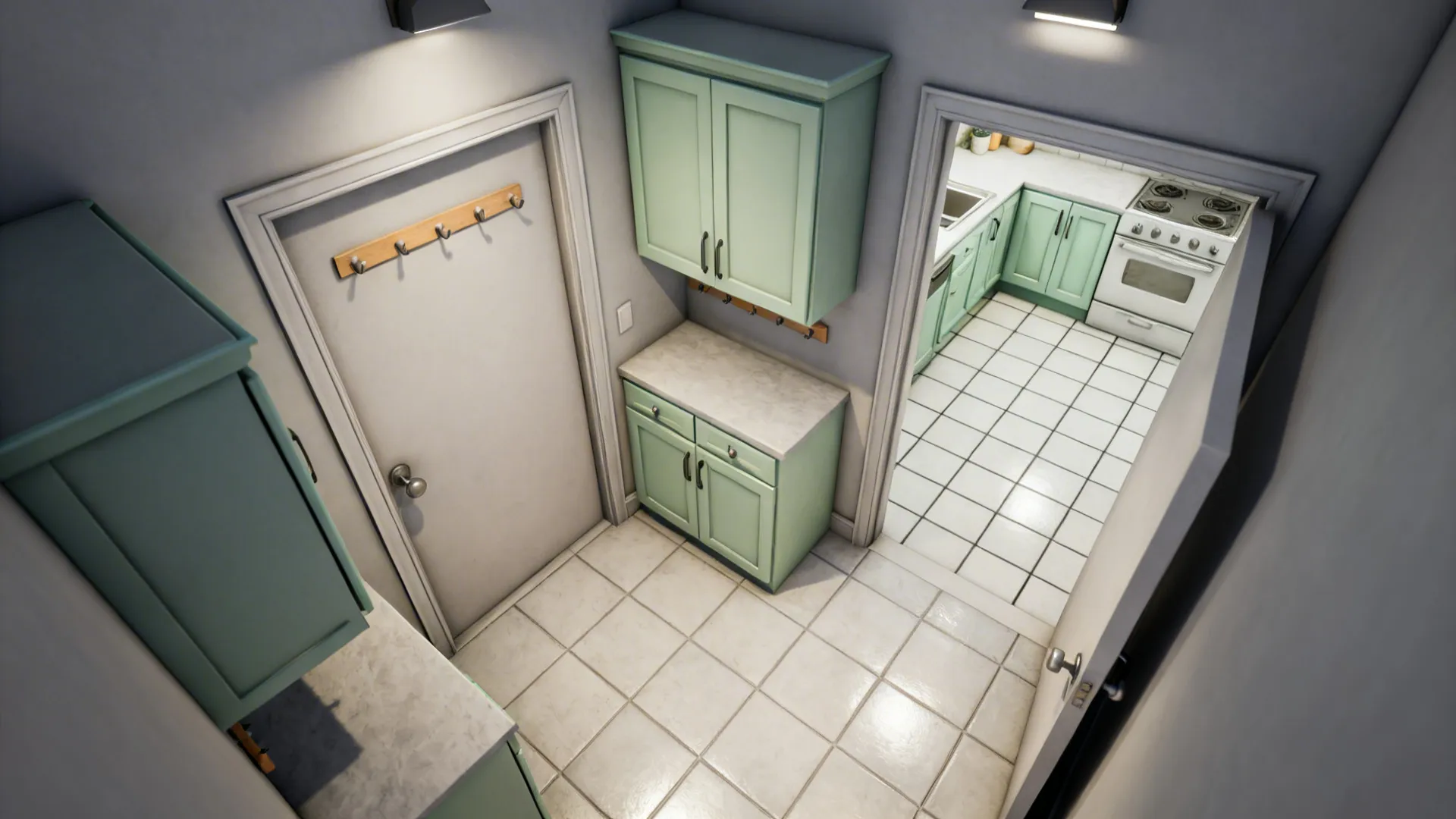 Top-down view mapping clear walkway, shallow cabinet depth, peg rail placement, and door swing arcs.