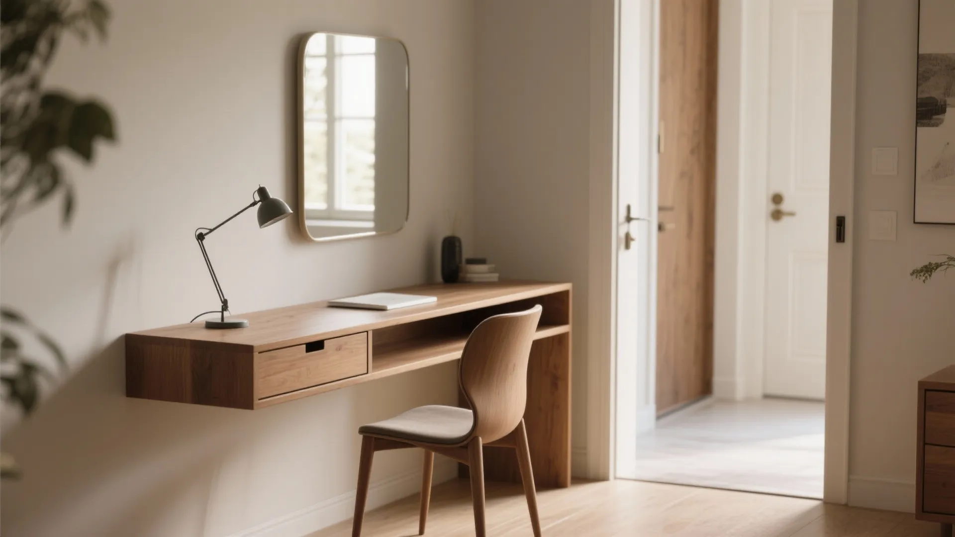 Narrow console desk in an entryway with a curved low-profile chair and hidden drawer