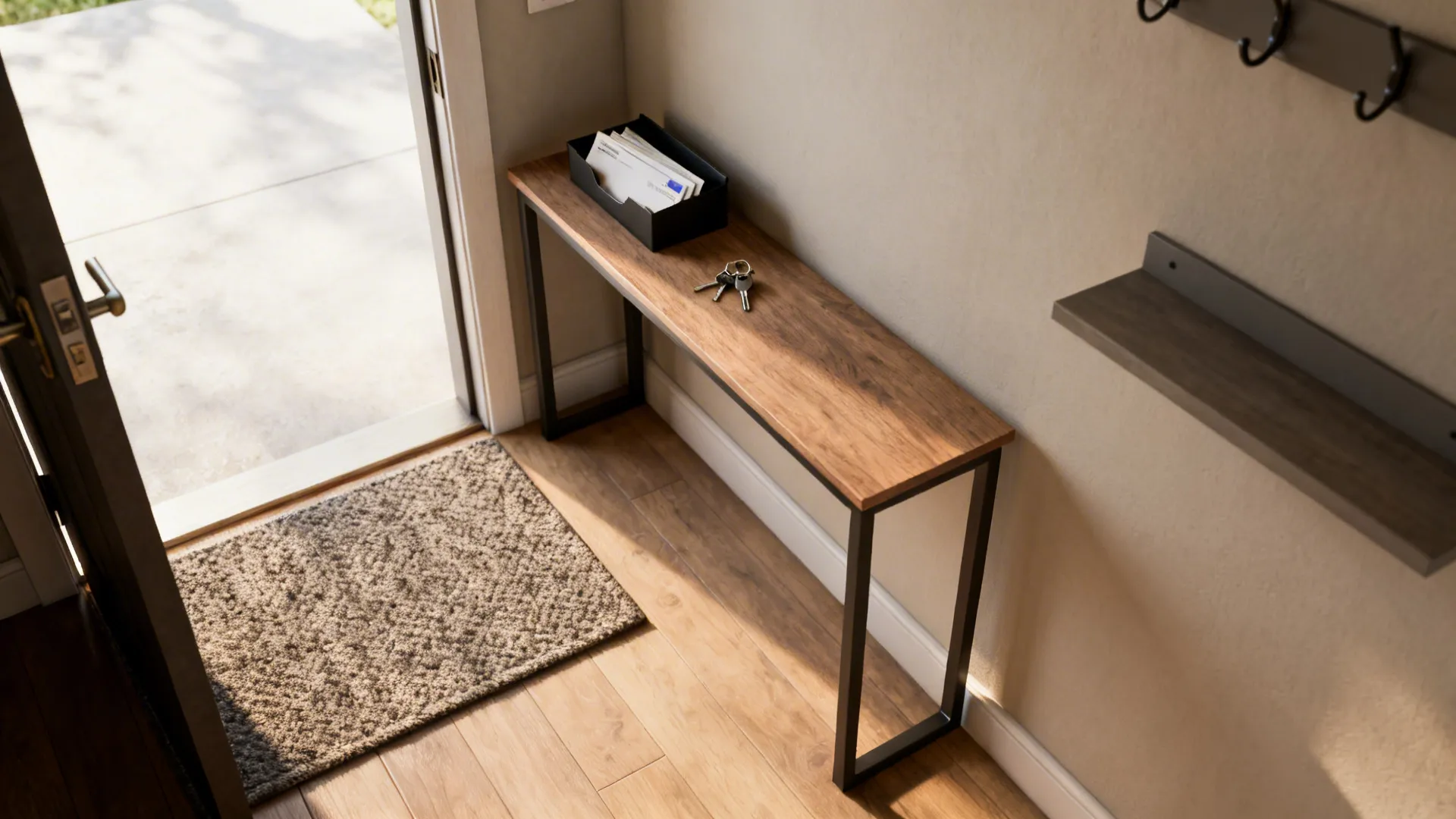 Narrow console and durable rug at the threshold creating a defined entry zone
