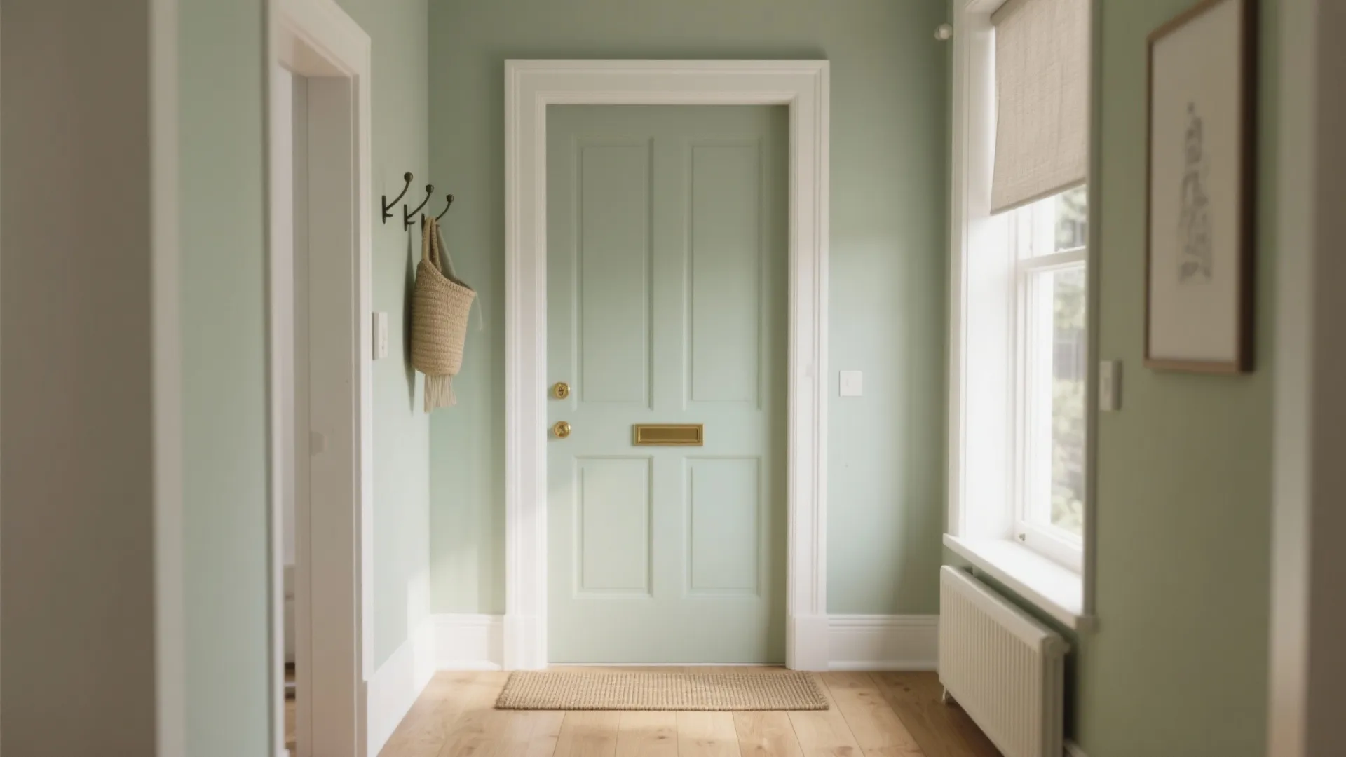 Mint green front door inside a house with light green walls and a small rug