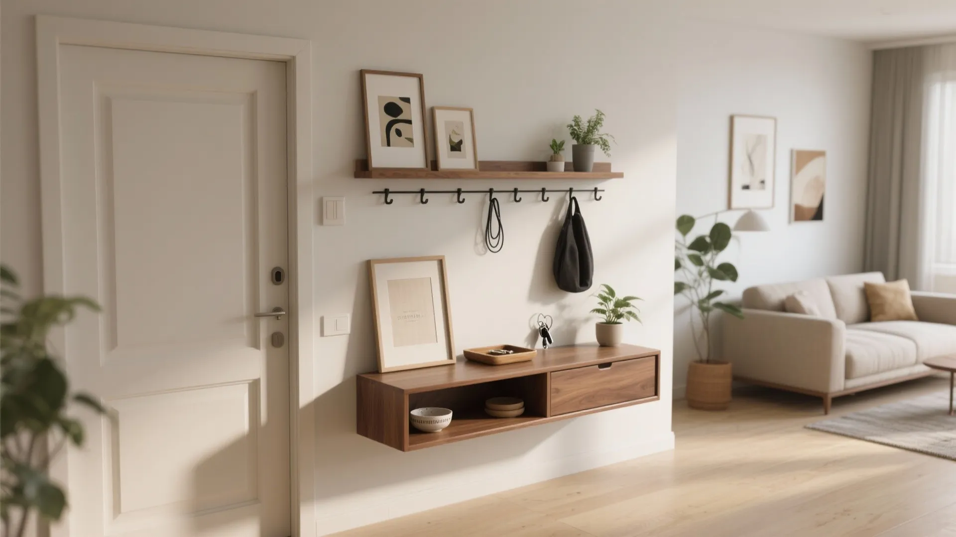 Multifunctional entry console wall (drop zone + display)