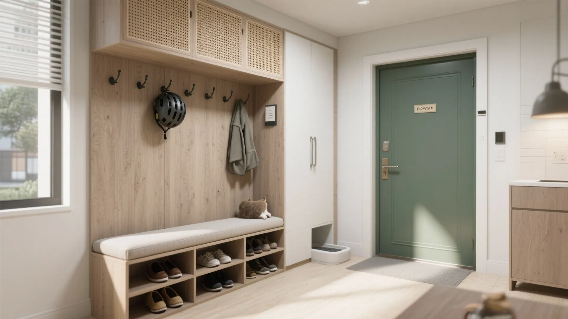 Compact entry drop zone with bench, hooks, ventilated storage, and concealed litter tray in warm coastal finishes.