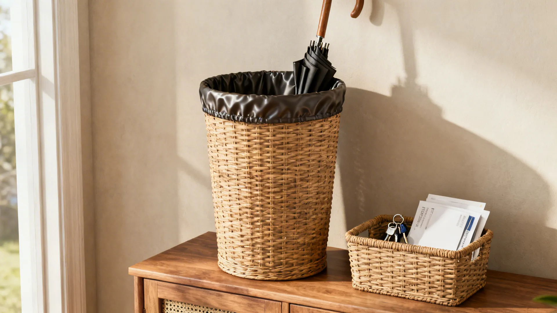 Woven basket for umbrellas and small tray with keys on a wooden cabinet entryway table