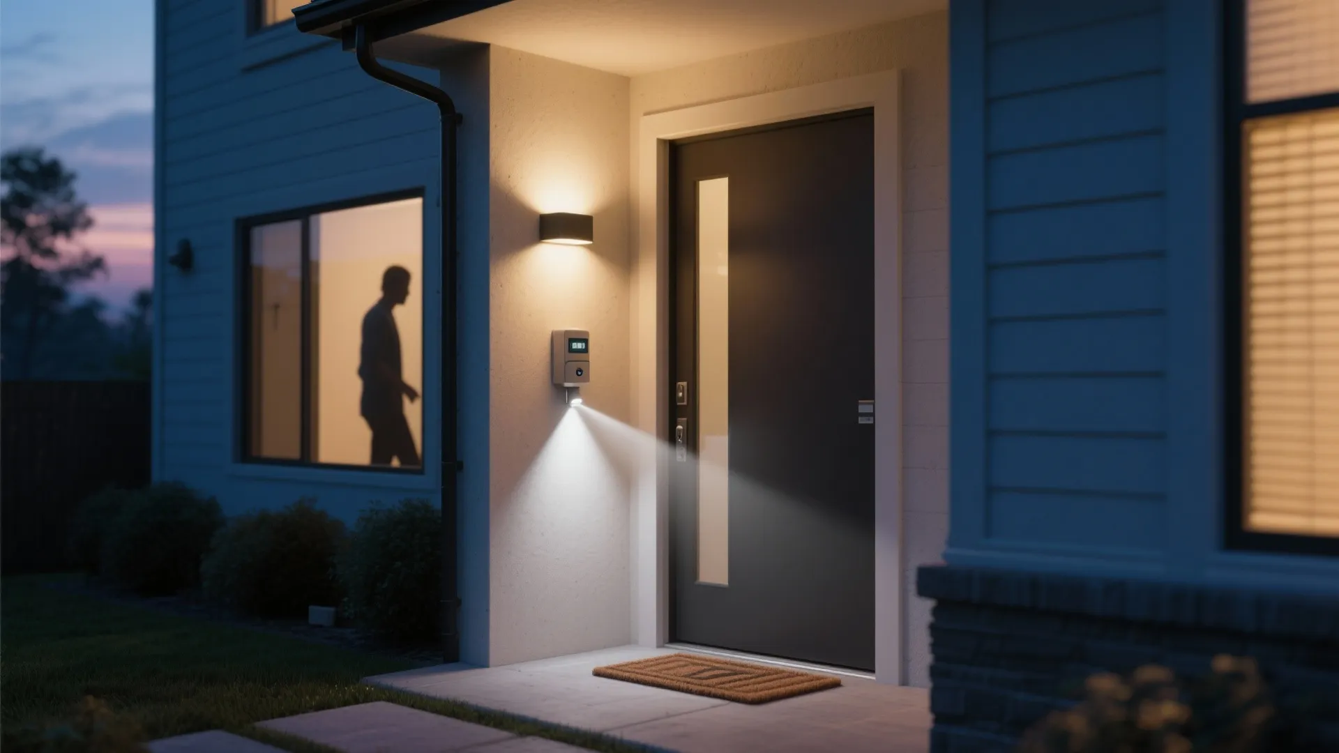 Modern dark front door at dusk with glowing wall light and smart doorbell security camera system