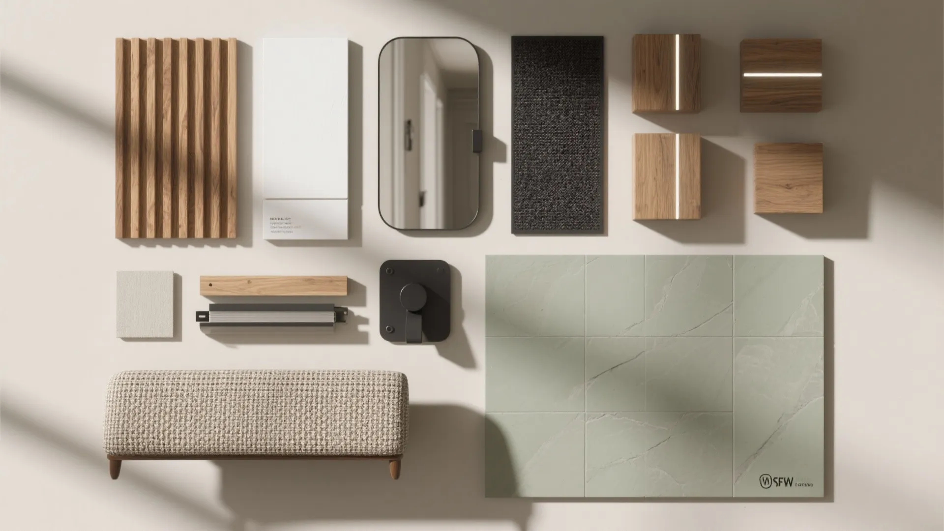 Interior design material board with wood panels, green tiles, fabric footrest, mirror, and black hardware