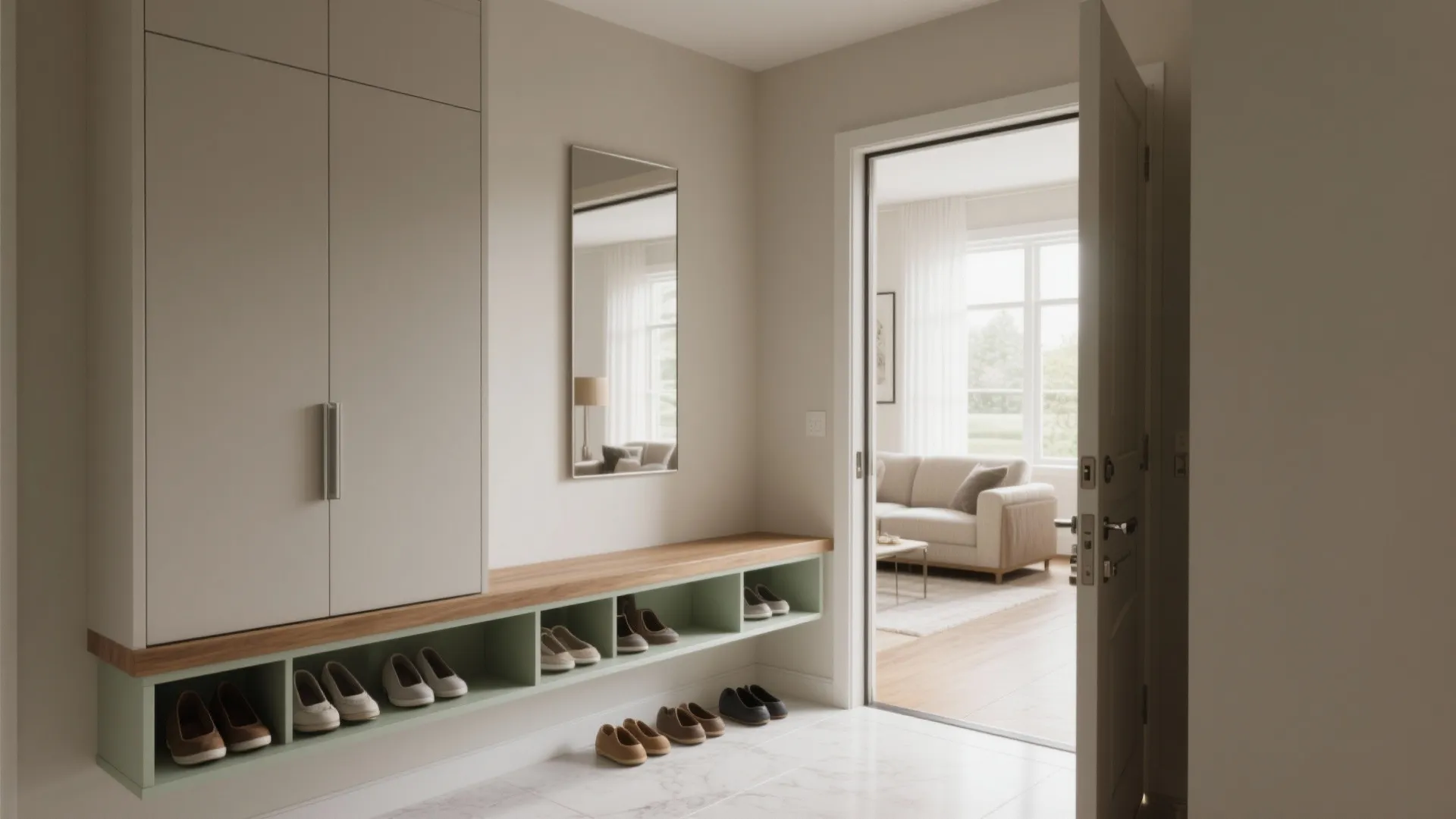 Entryway and circulation: floating storage and sightlines