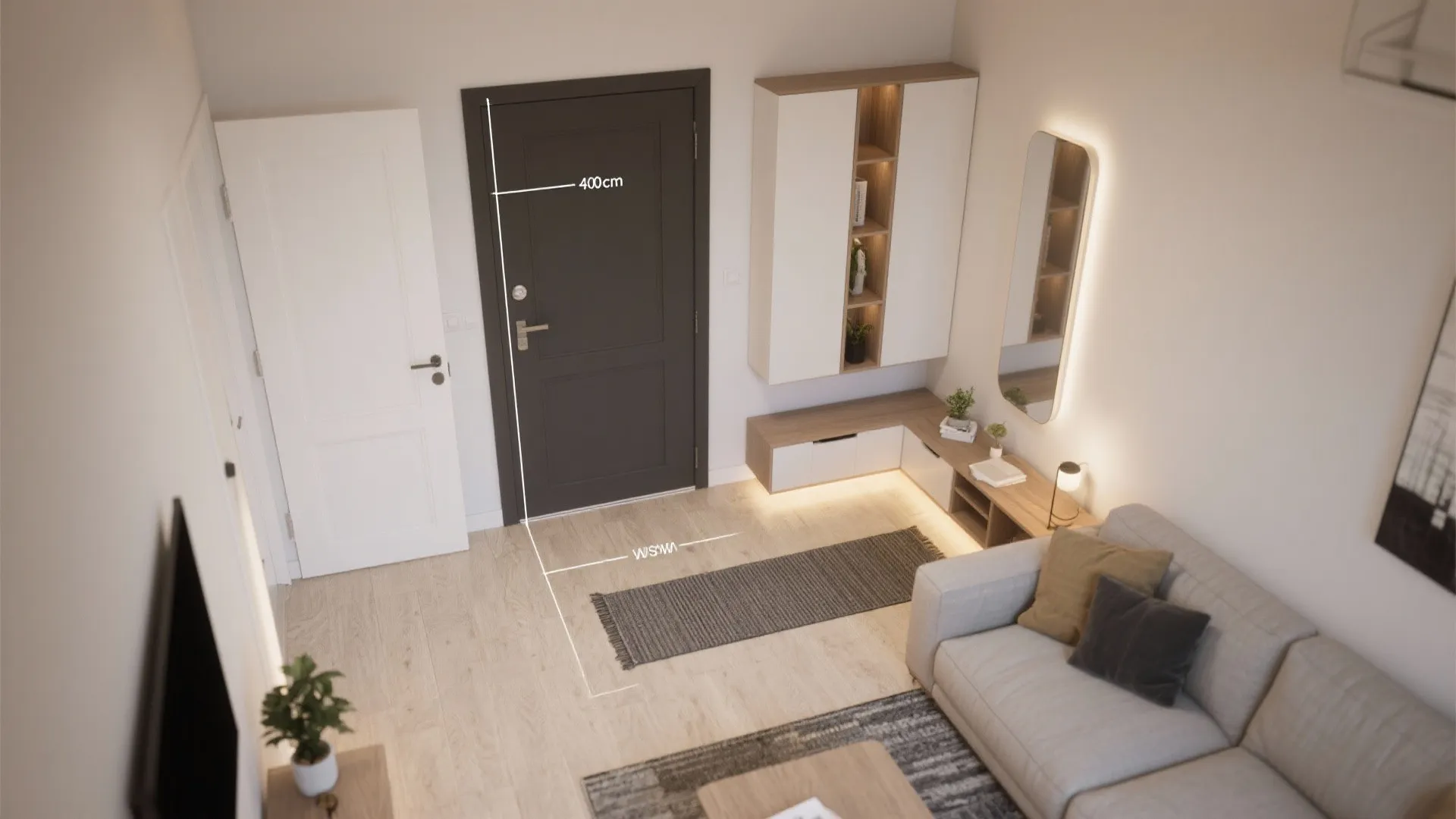 Top view of small apartment entrance featuring wall cabinet and floor measurement labels for furniture