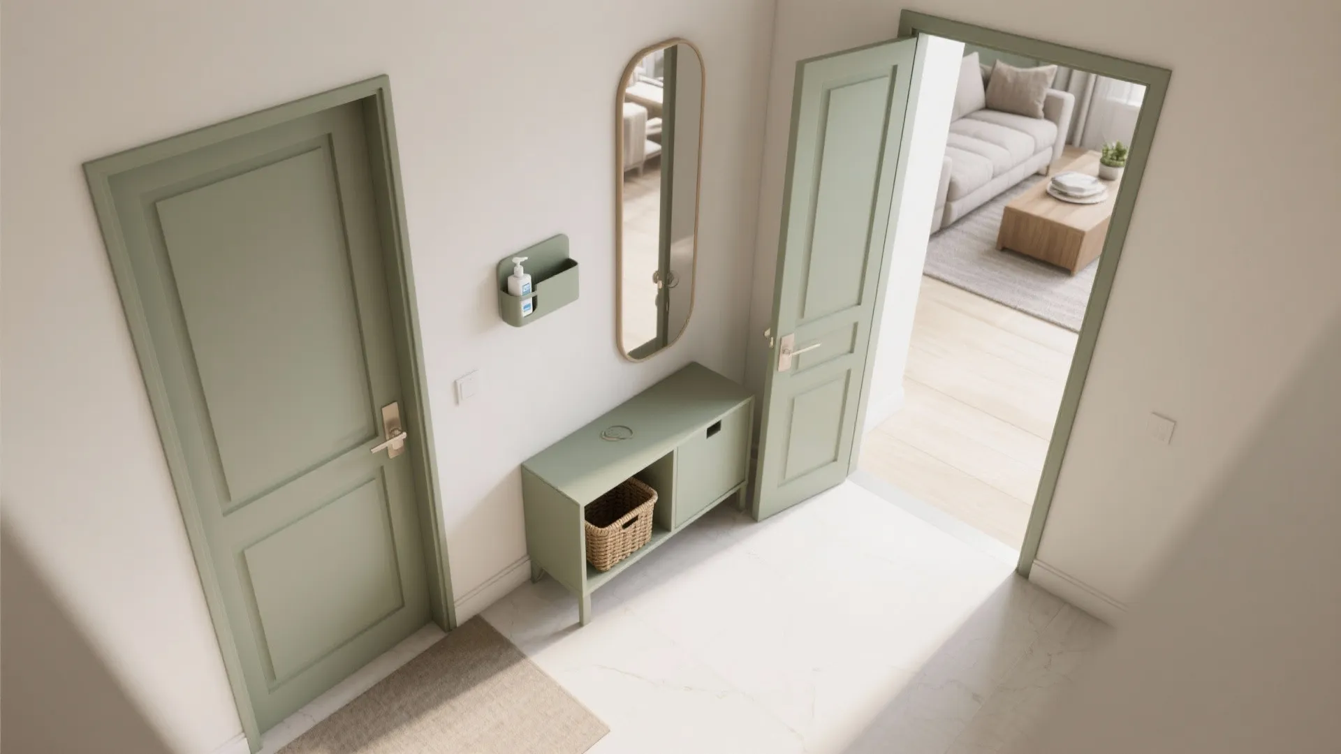 Top-down view of green entryway with cabinet mirror and open door showing a living room