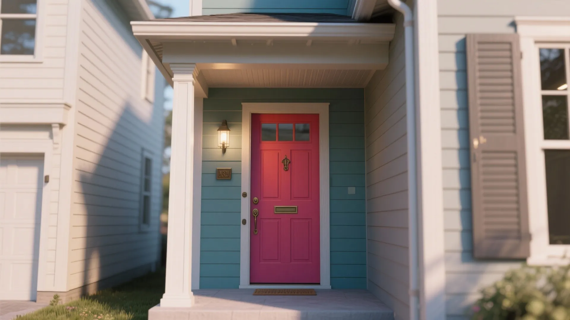 Bright pink front door on a light blue house with a wall light and porch