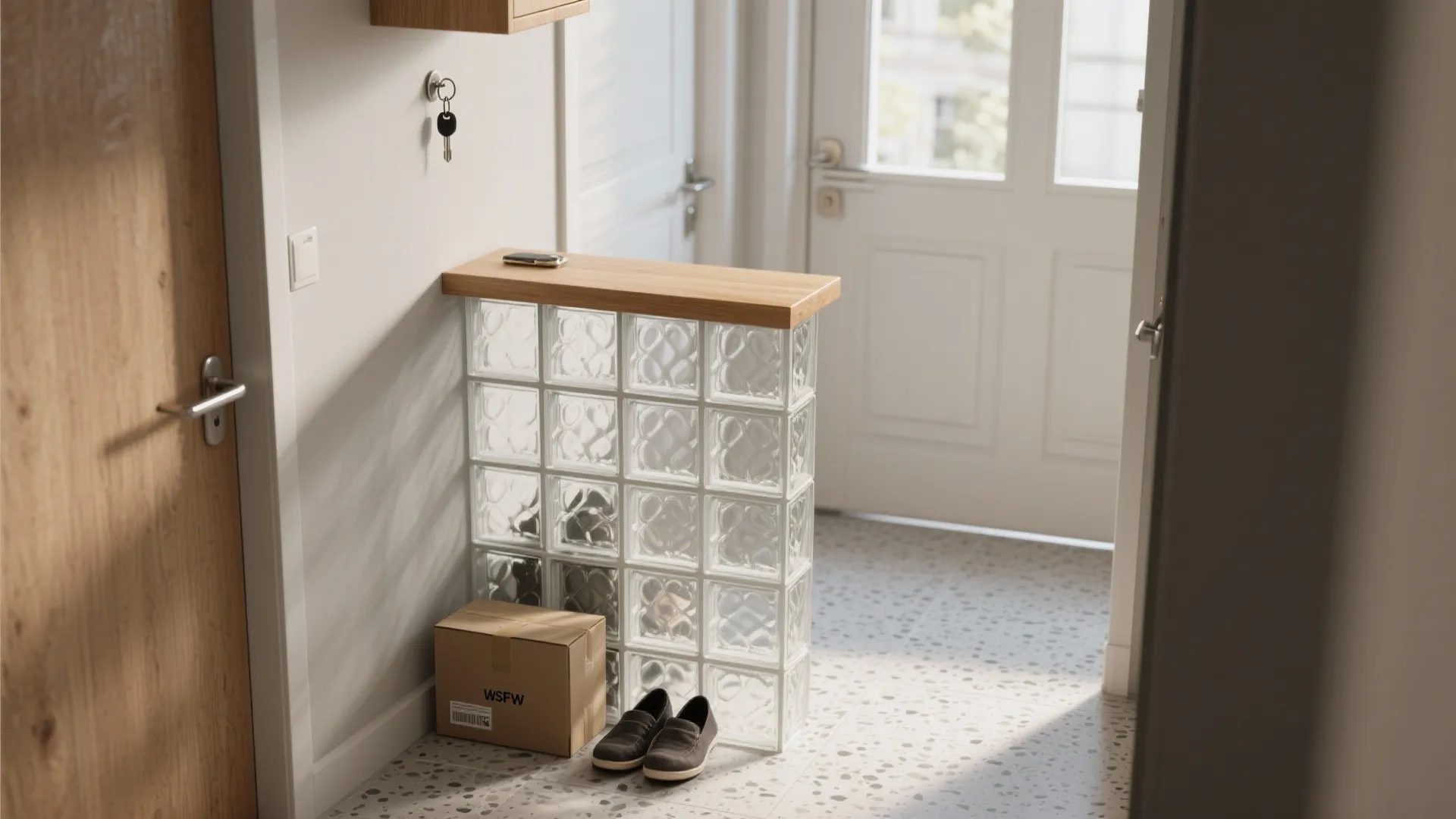 Entryway with glass block divider wooden top shelf shoes box white door and grey stone floor
