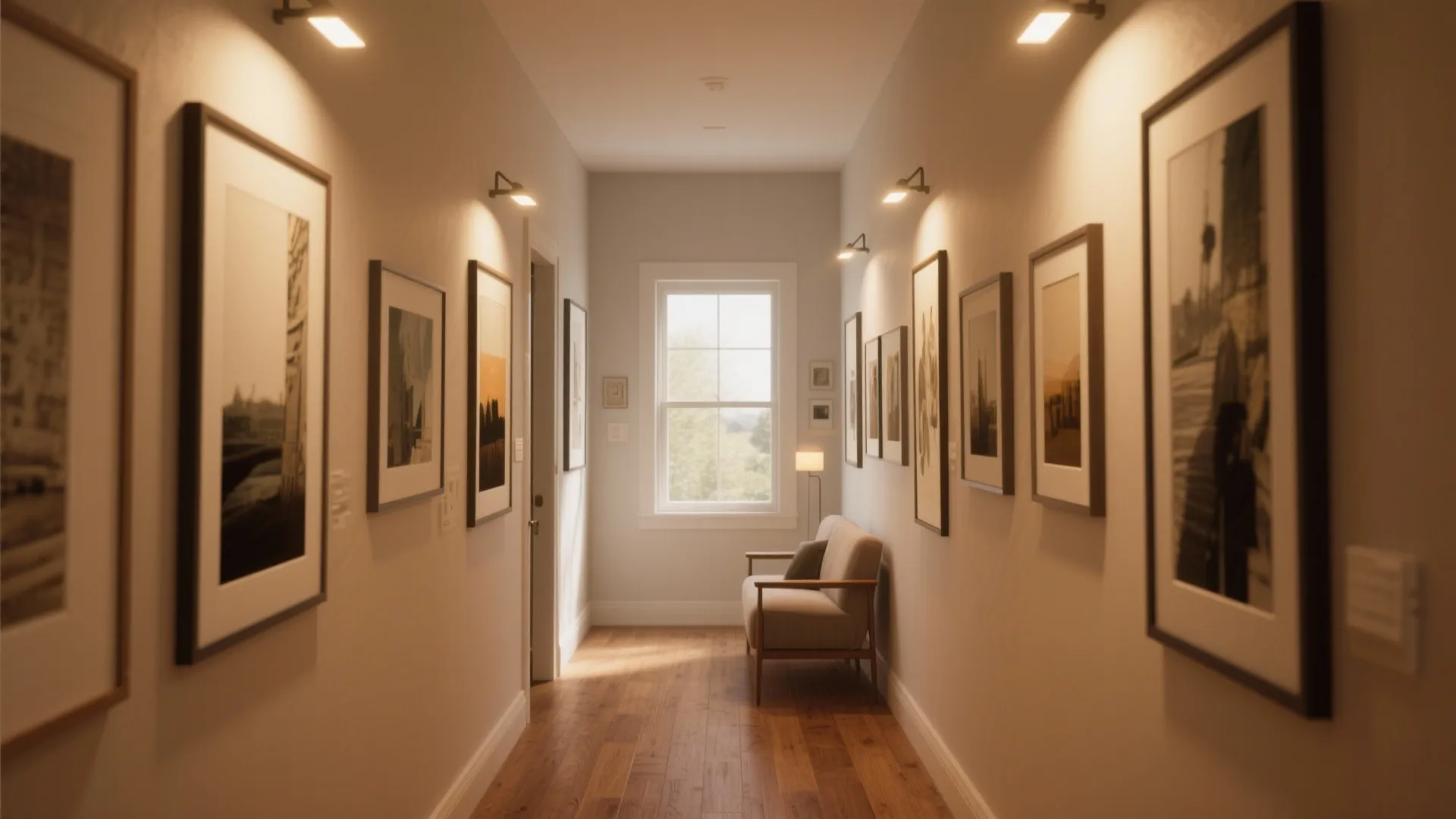Long hallway with wooden floor featuring framed art wall lights sofa and a large window