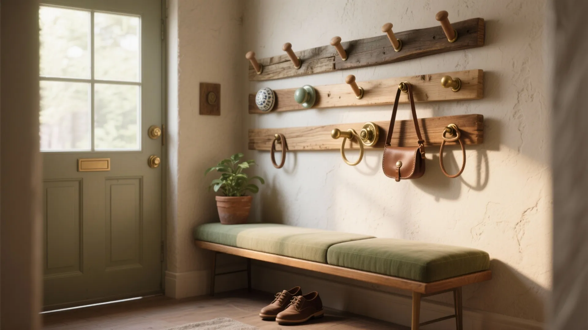 Rustic entryway with wooden wall hooks a green bench a small plant and a brown bag