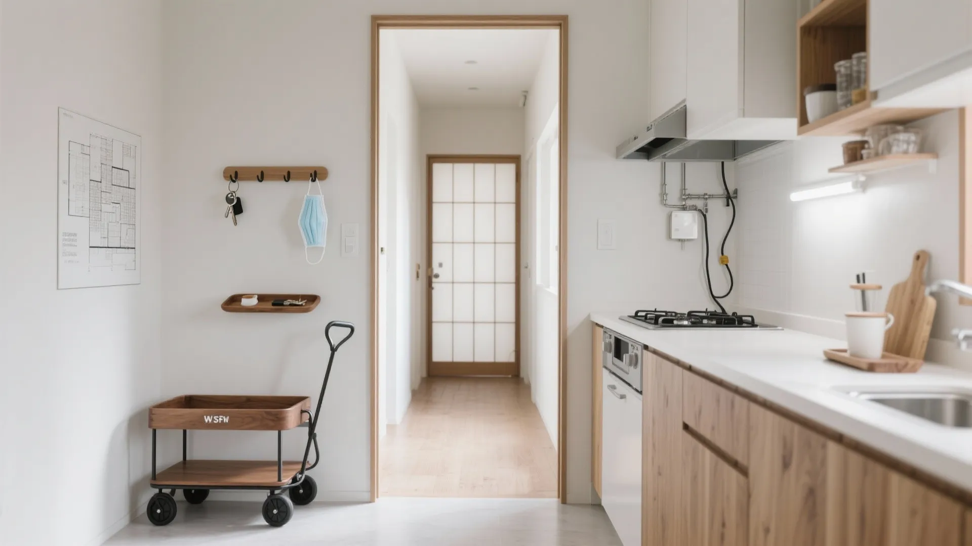 “立つ行為”をまとめる：玄関〜キッチンの一直線動線