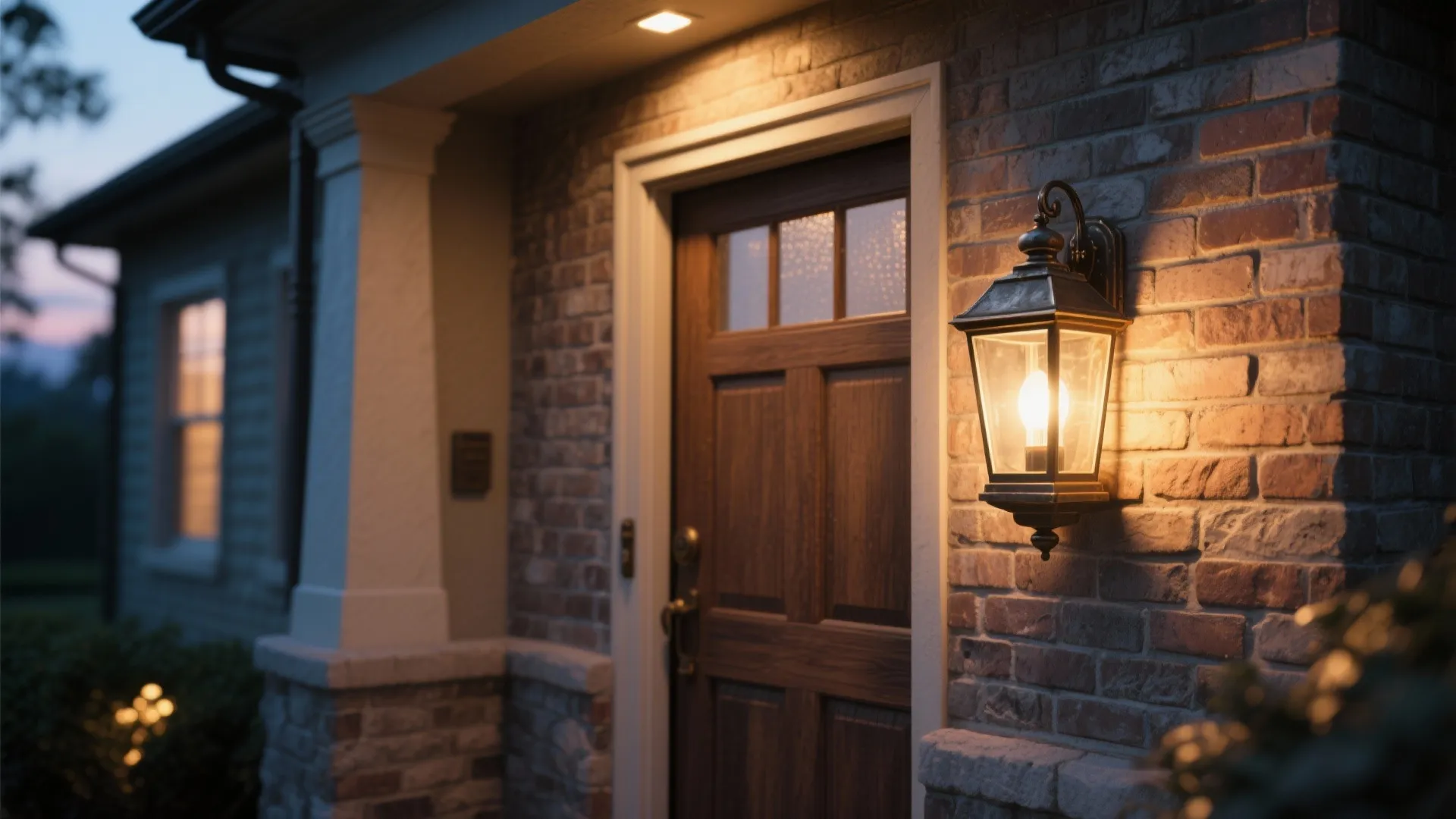 Traditional wall light fixture glowing on brick wall next to brown wooden home entry door