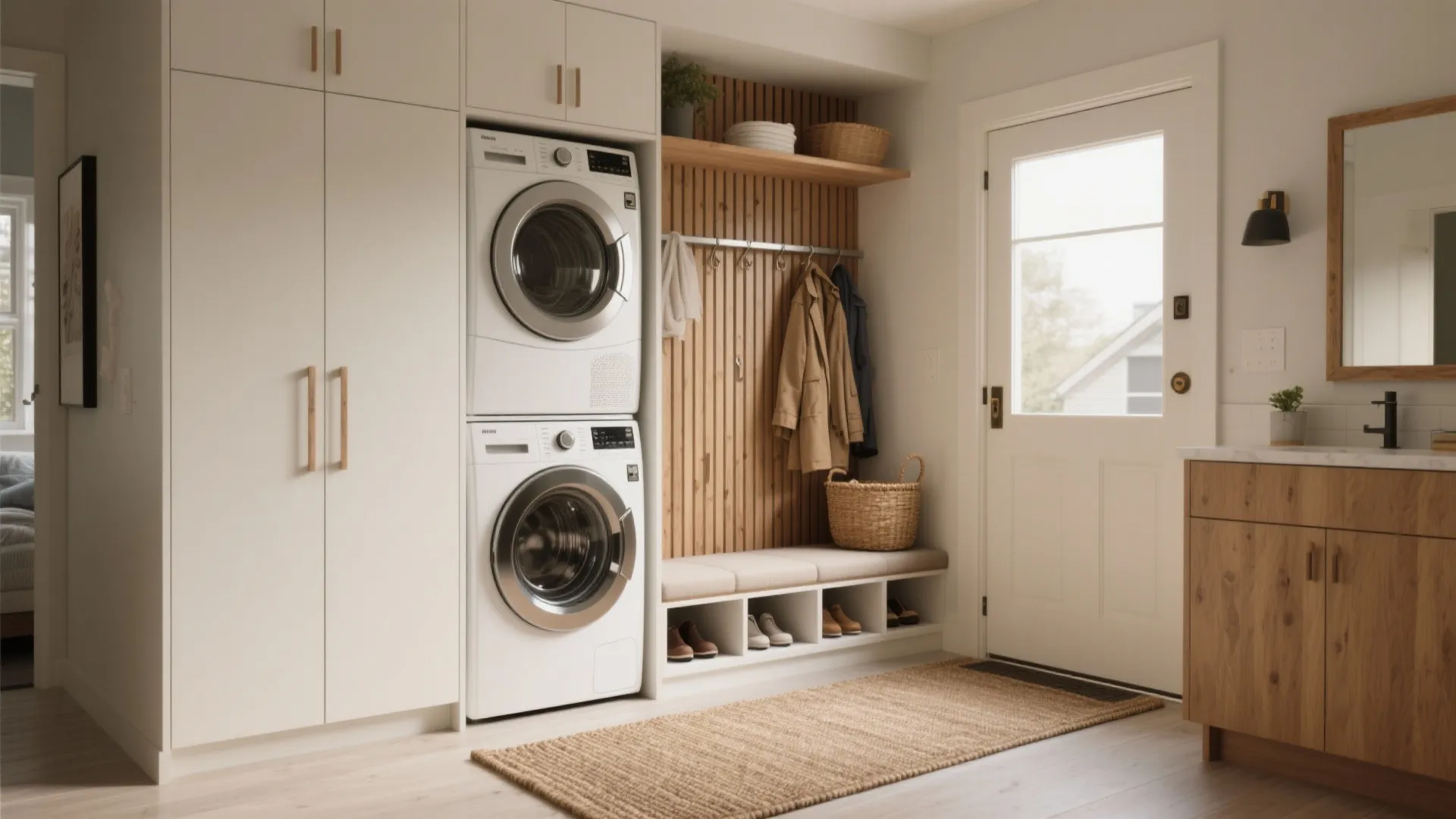 Modern entryway laundry area with stacked white machines white cabinets wooden wall panel and bench