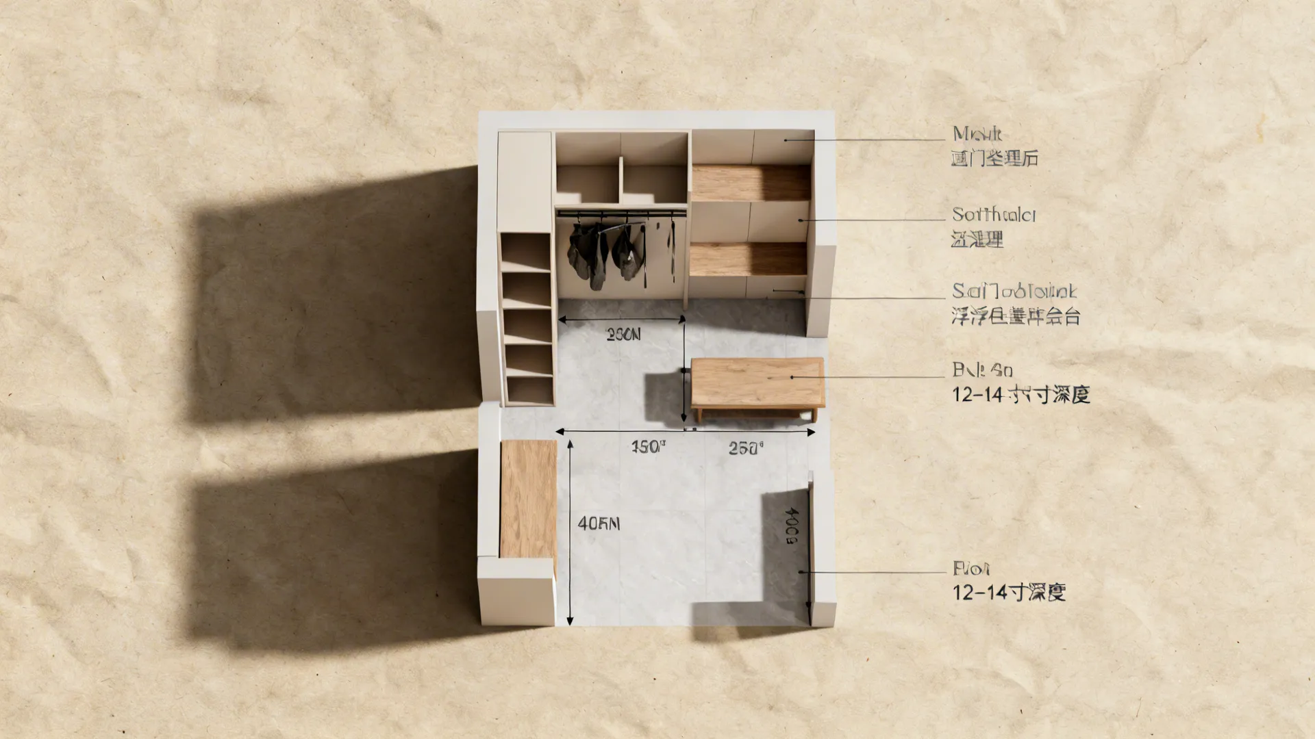 Top-down floor-plan style mockup showing layout and measurements for a tiny entryway