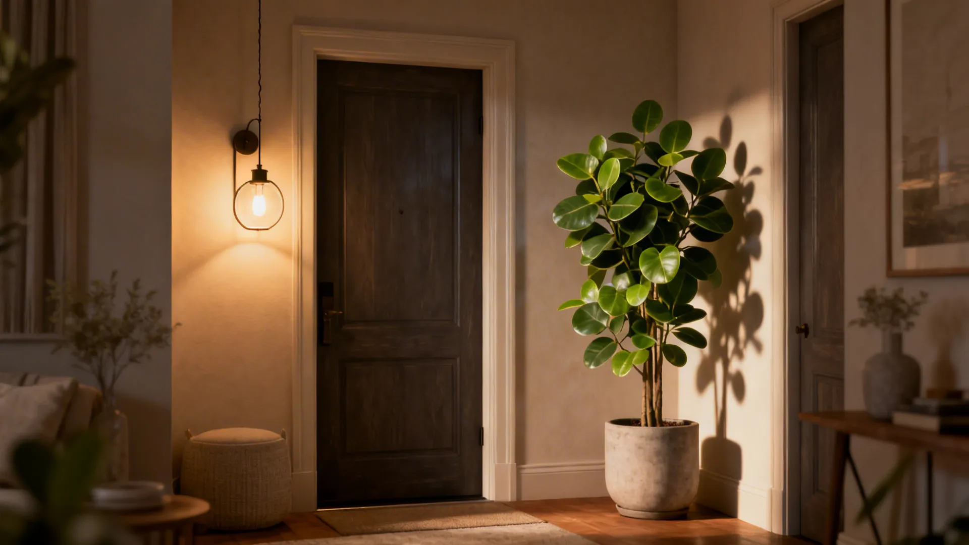 Pendant light and tall indoor plant softening the entrance transition
