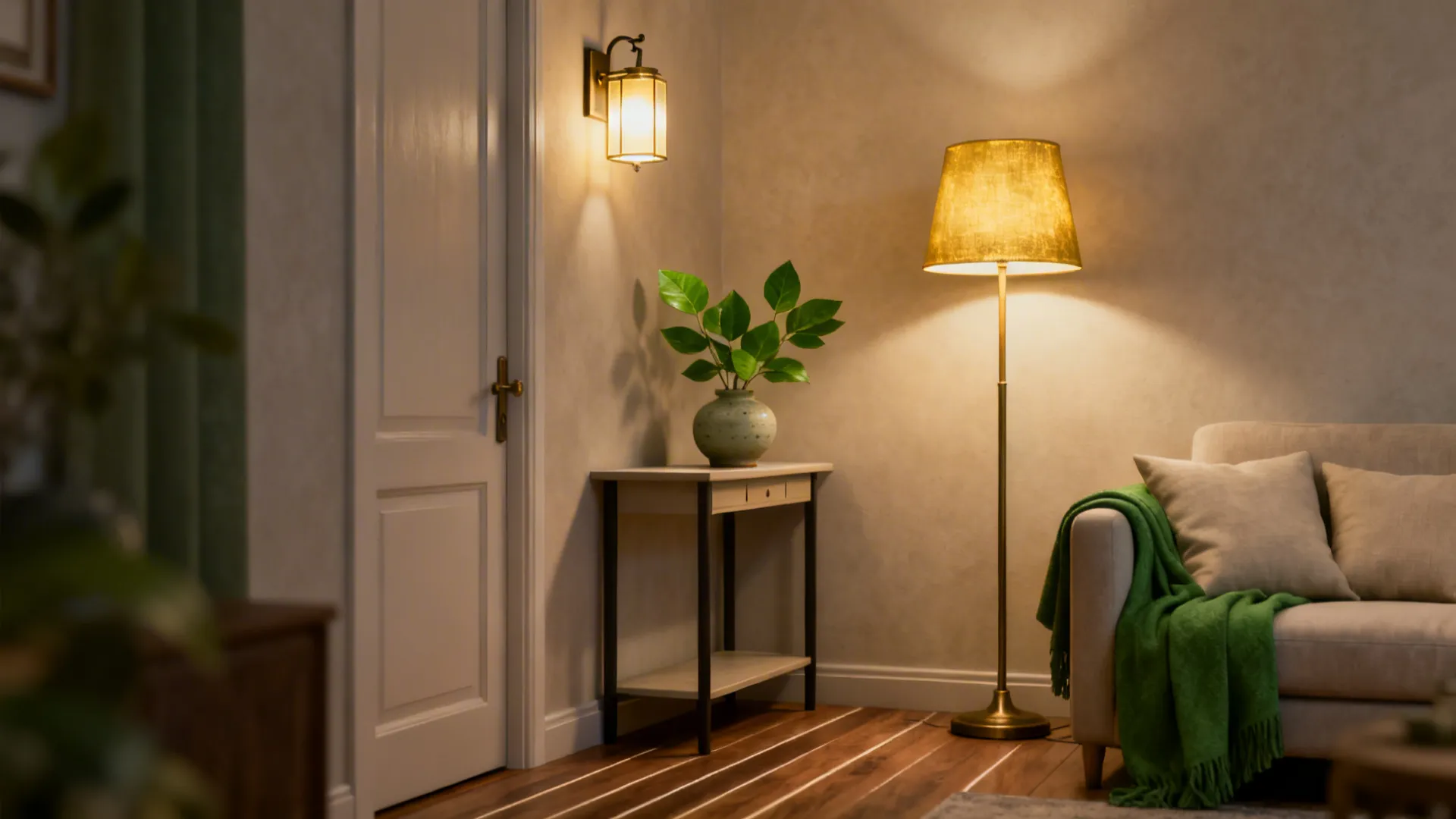 Warmly lit entry corner with layered lighting and slim furniture in a small living room.