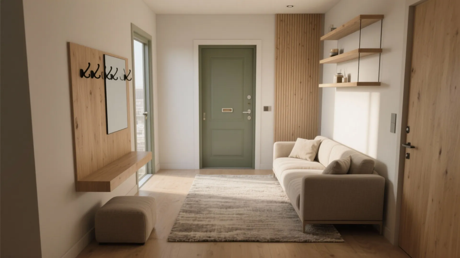 Bright entryway with green front door beige sofa rug footrest wooden wall hooks and open shelves