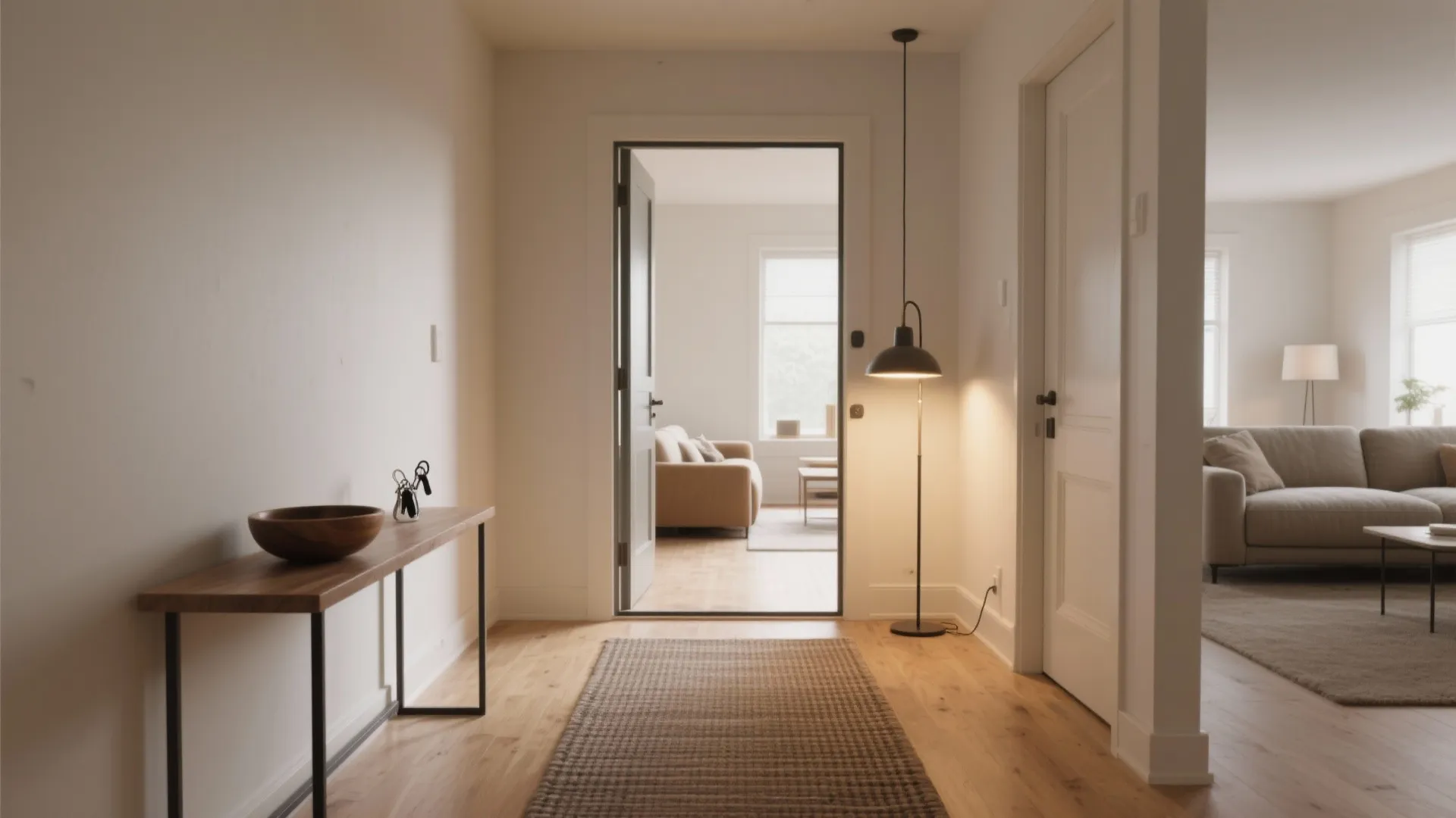 Minimalist hallway with wooden console table leading into a bright living room with grey sofa