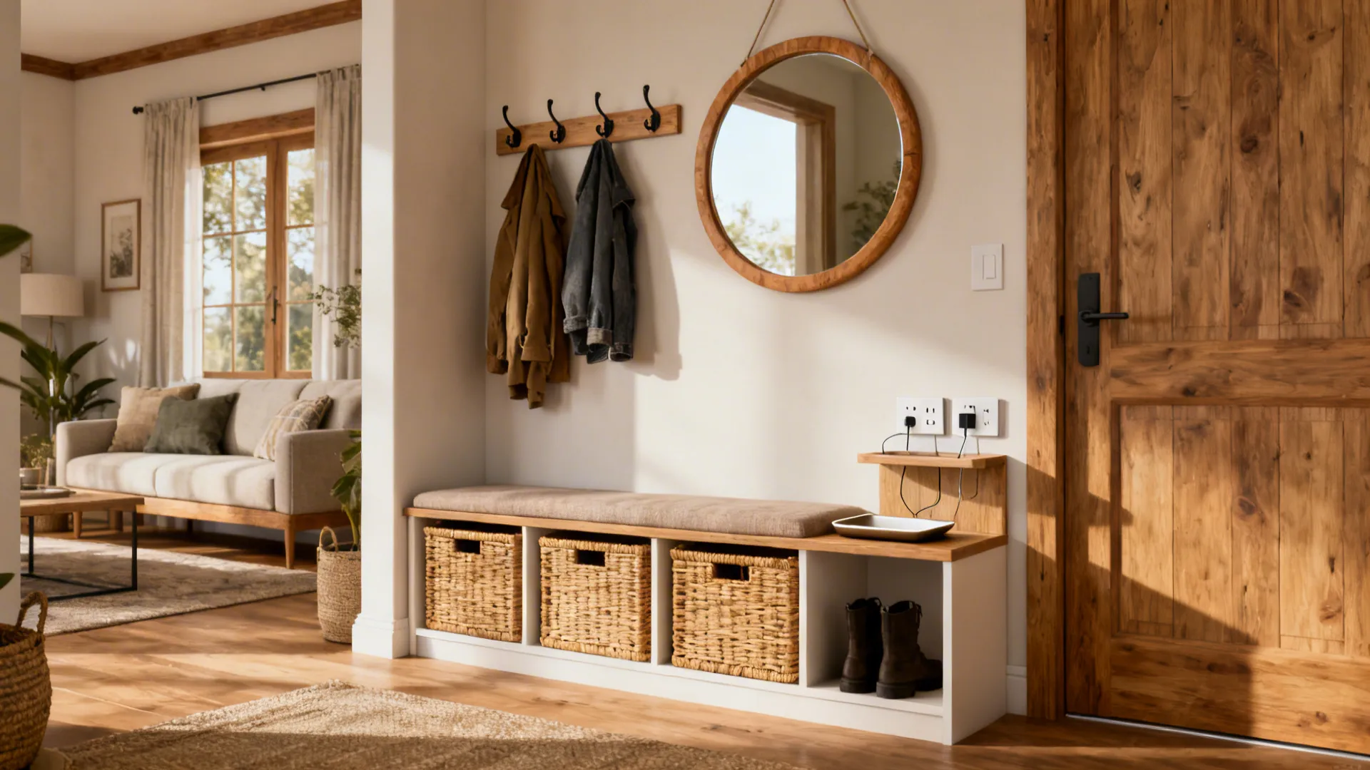 Entry lounge with storage bench, coat hooks, mirror, and charging station.