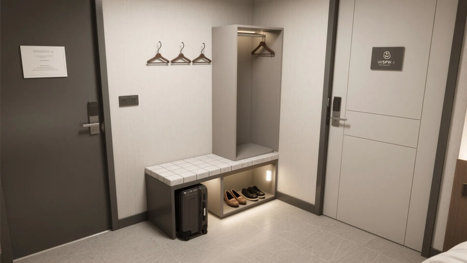 Entry luggage bench with shoe niche, hooks, and under-bench lighting in a compact hotel room.