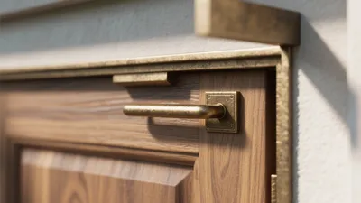 Warm Wood Cabinet with Brass Hardware Detail