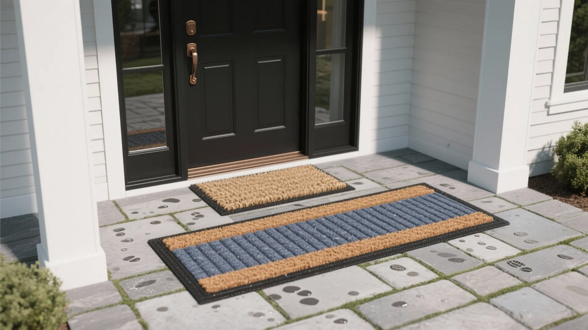 Black front door with glass panels and two floor mats on a stone paved porch