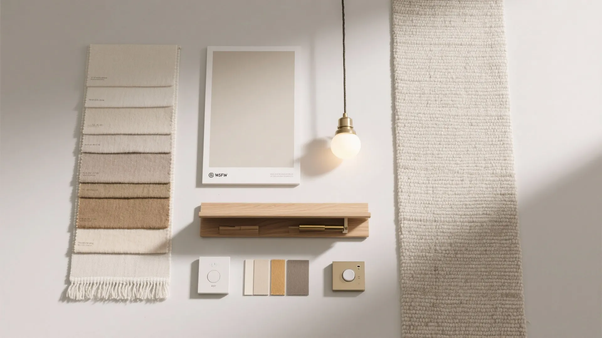 Interior design material flat lay with fabric swatches beige paint card light fixture and wood
