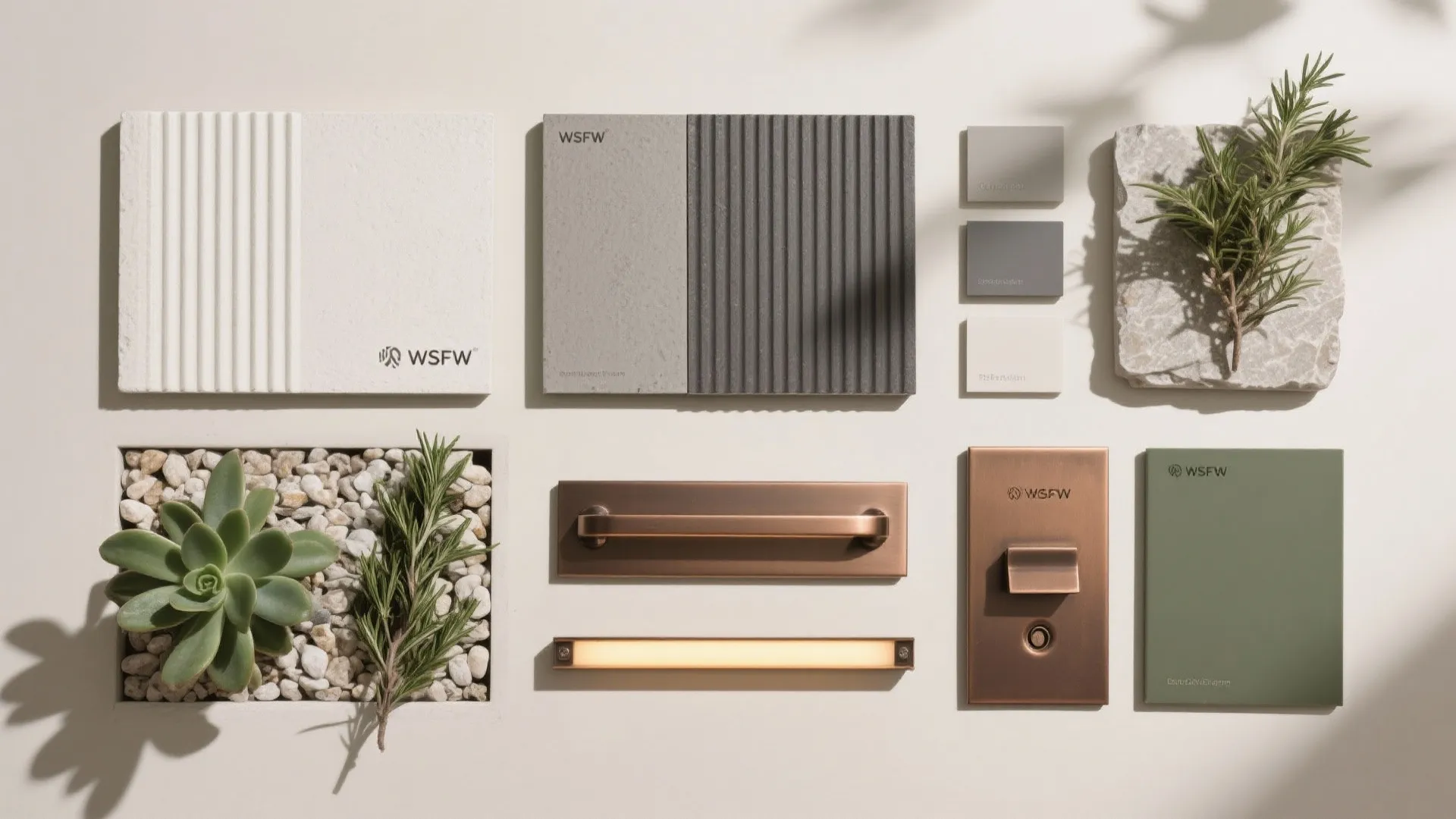 Interior design material board with stone tiles, bronze metal handles, green swatches, and small plants