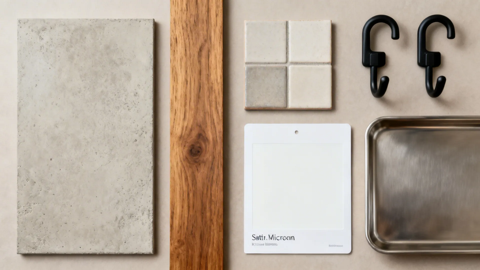 Flat lay of microcement, oak, ceramic tile, soft white paint, and matte black hooks.