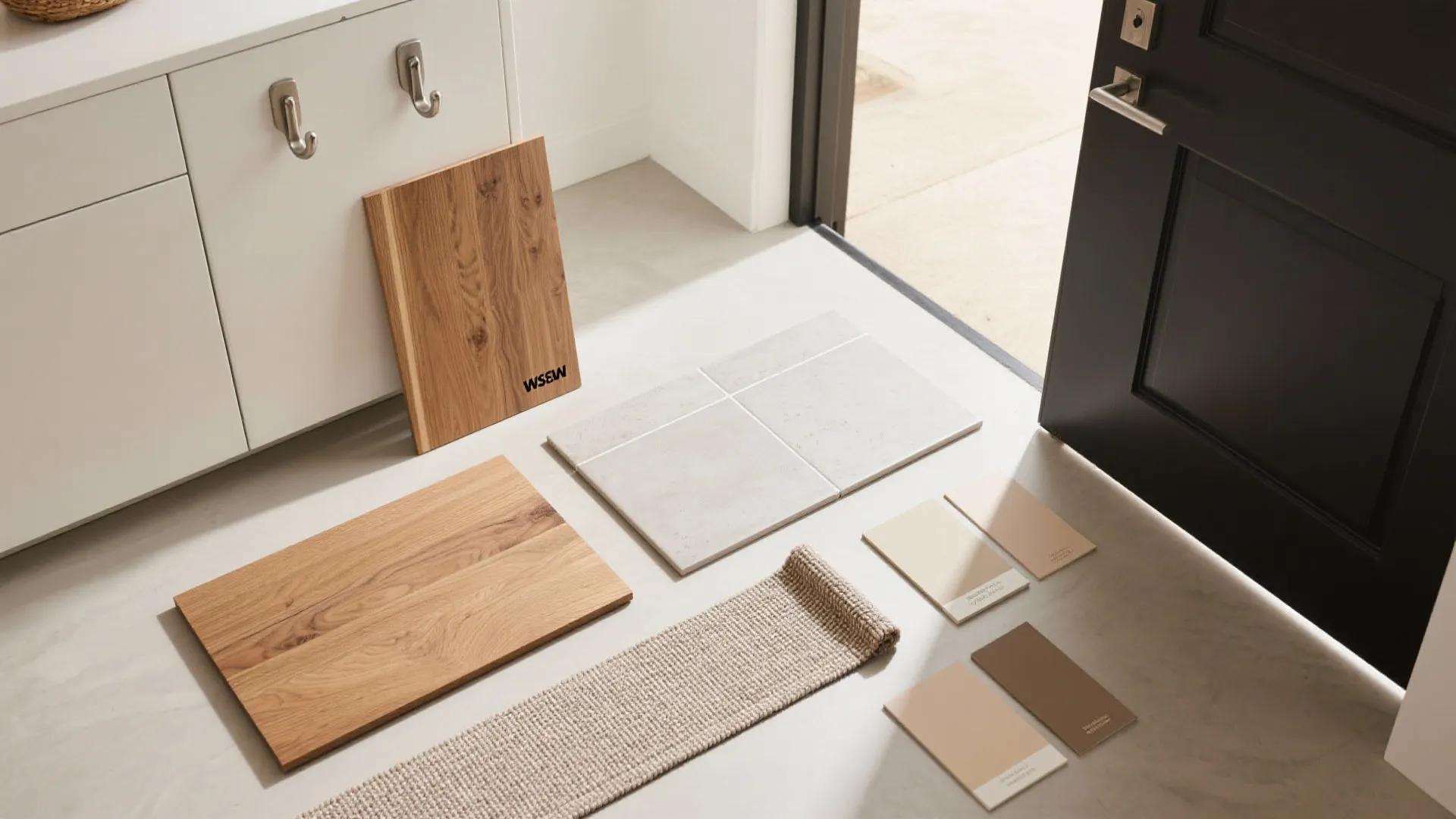 Interior design materials including wood boards floor tiles rug sample and color paint swatches on floor