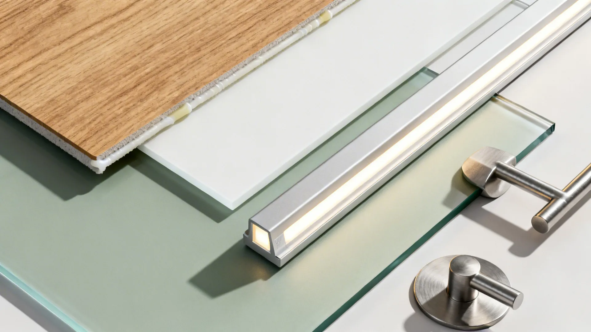 Flatlay of low-iron glass, oak veneer, soft-white paint, sage laminate, silicone seal, LED diffuser, and metal hardware.