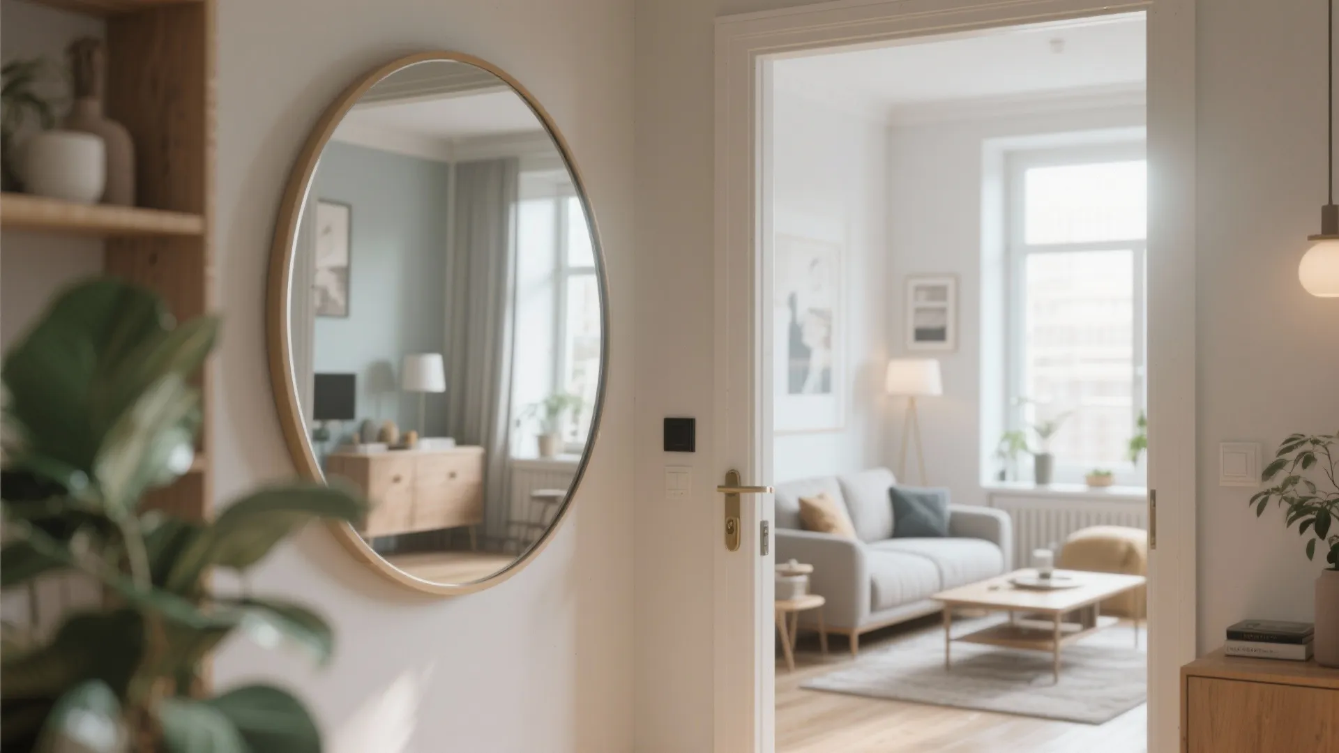 Large round mirror reflecting light in entry area