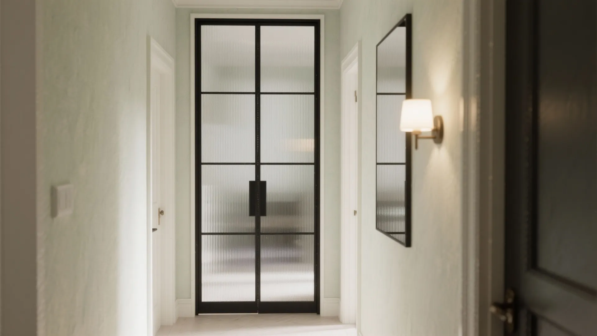 Narrow hallway with black frame glass door, large wall mirror, and light fixture on wall
