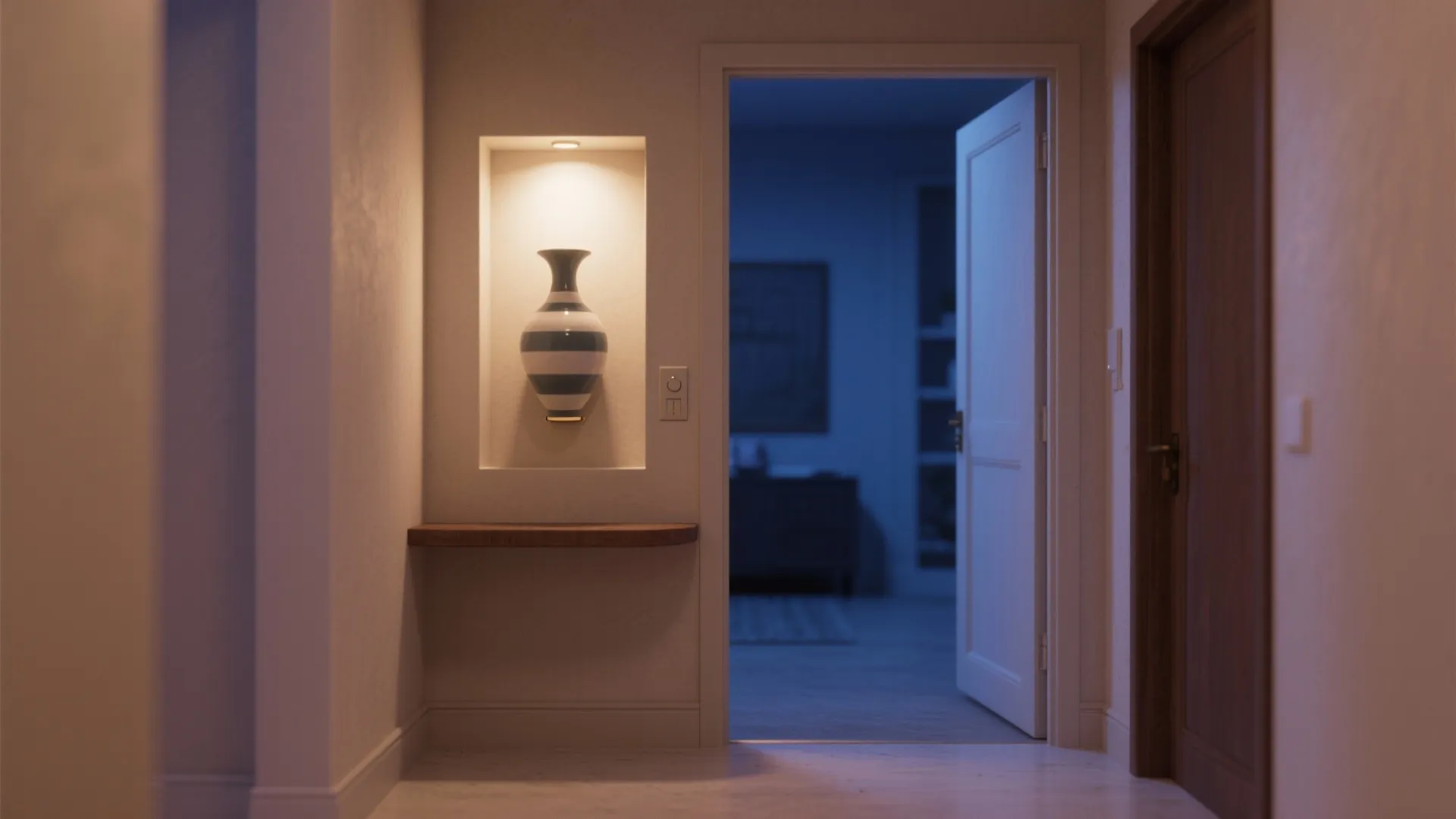 Compact entryway with a shallow niche featuring a ceramic sconce as a glowing light sculpture.
