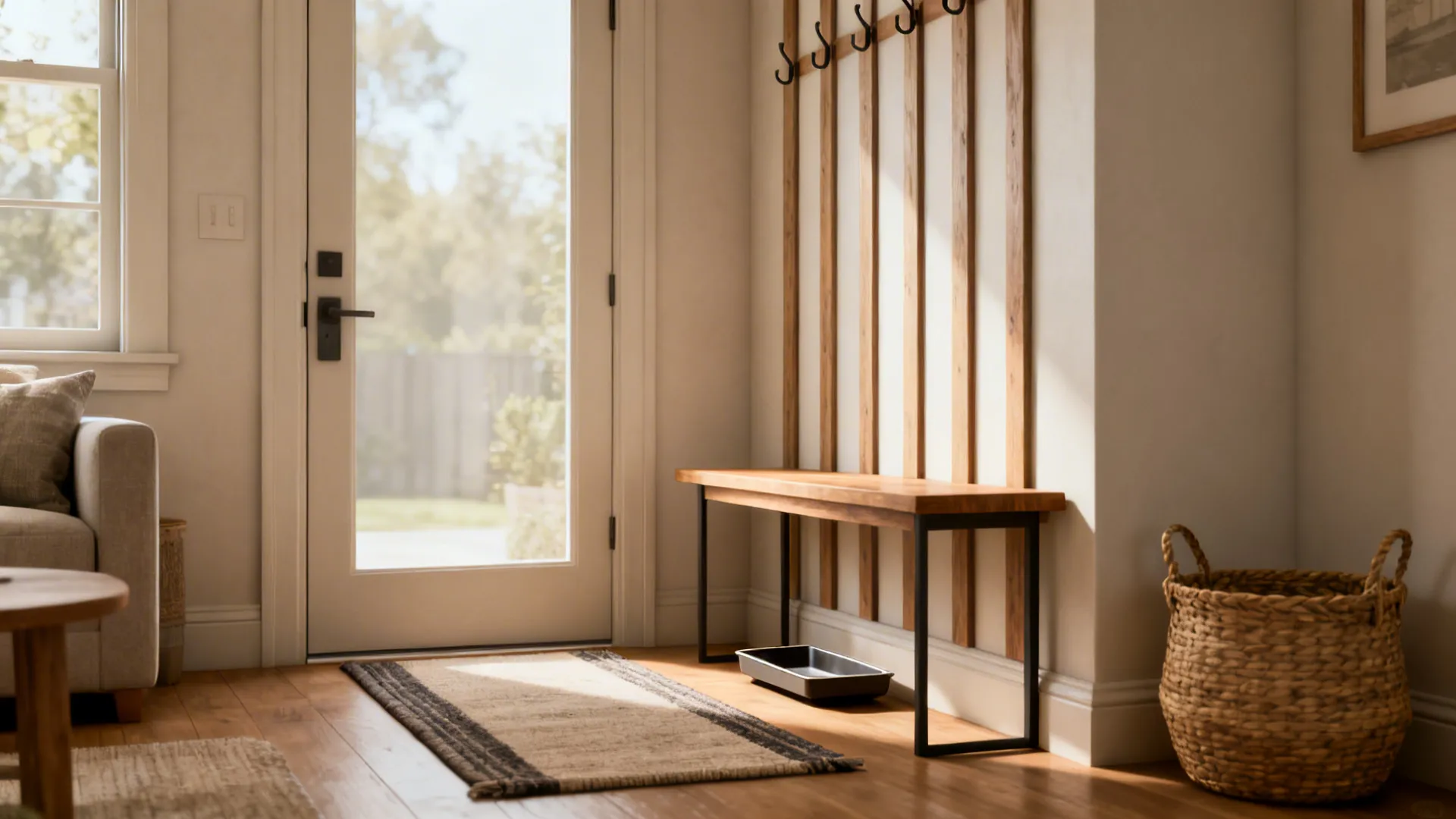 Close-up of a slim console and narrow runner creating a defined entry nook at a centered door.