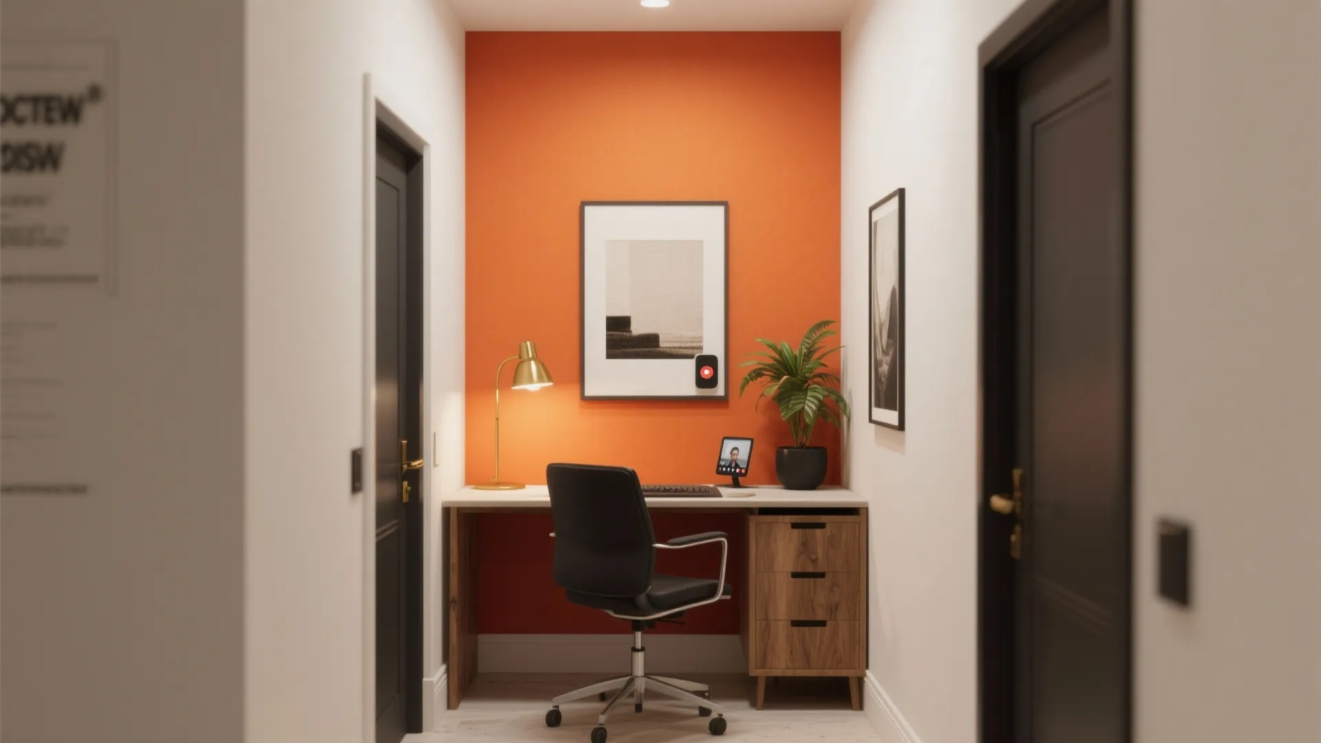 Small home office with orange wall featuring wooden desk black chair gold lamp and plant