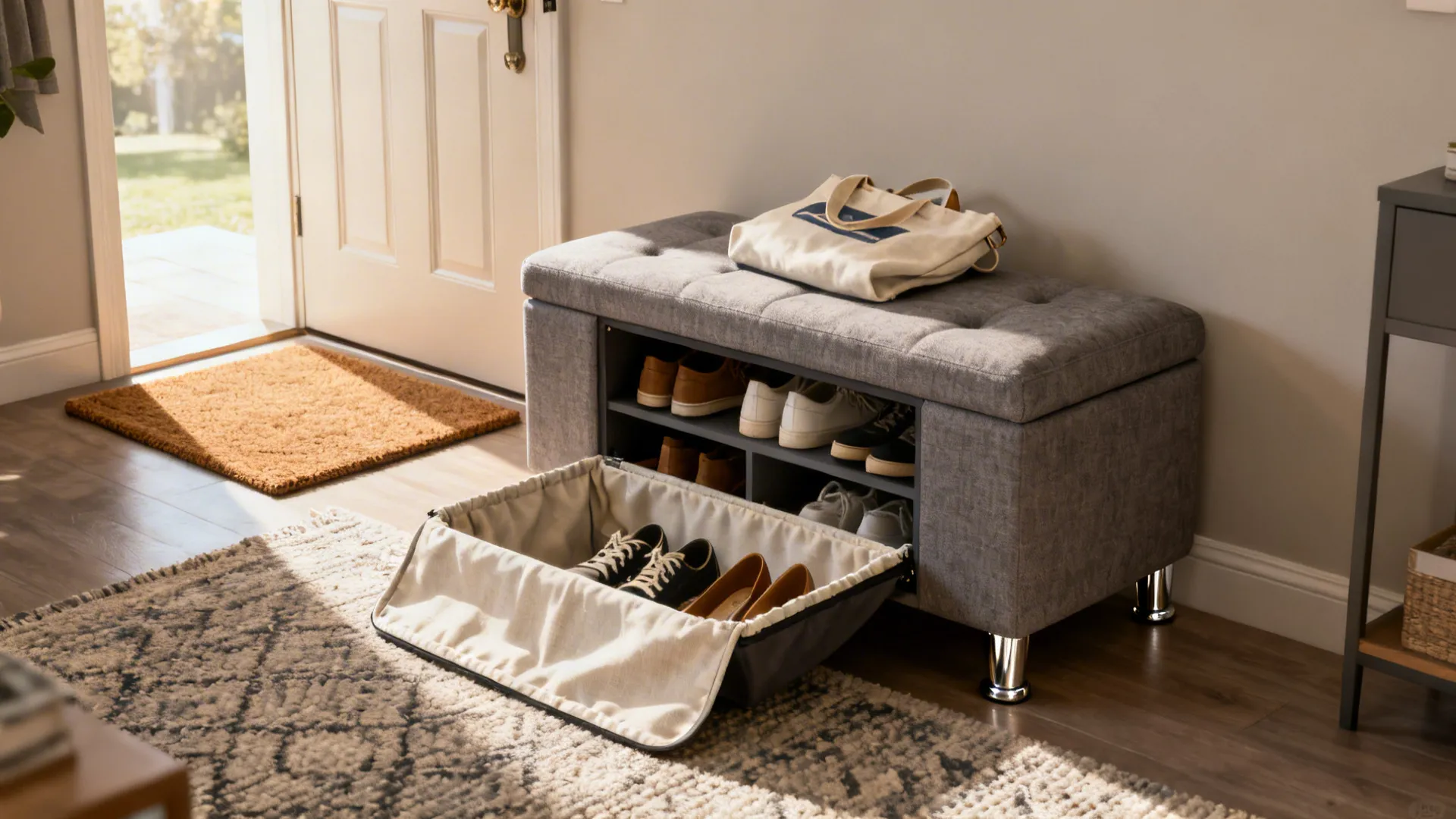 Storage ottoman at the living room entrance used for shoes and bags with a removable liner.