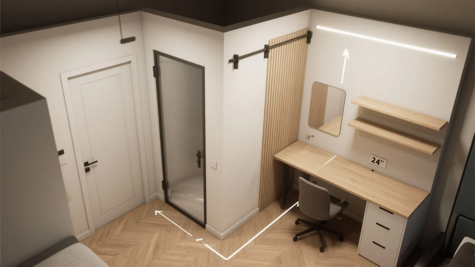 5) Entry and multipurpose zone: sliding partitions and a work nook