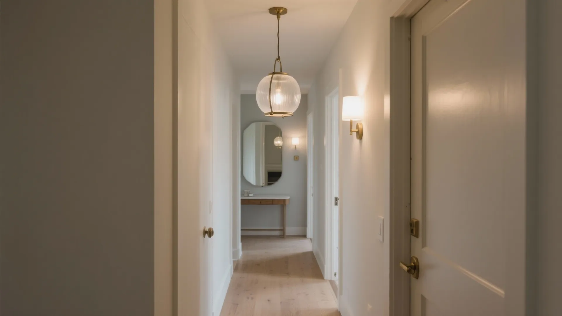 Bright hallway with glass ceiling light wall light mirror wooden table and white interior doors