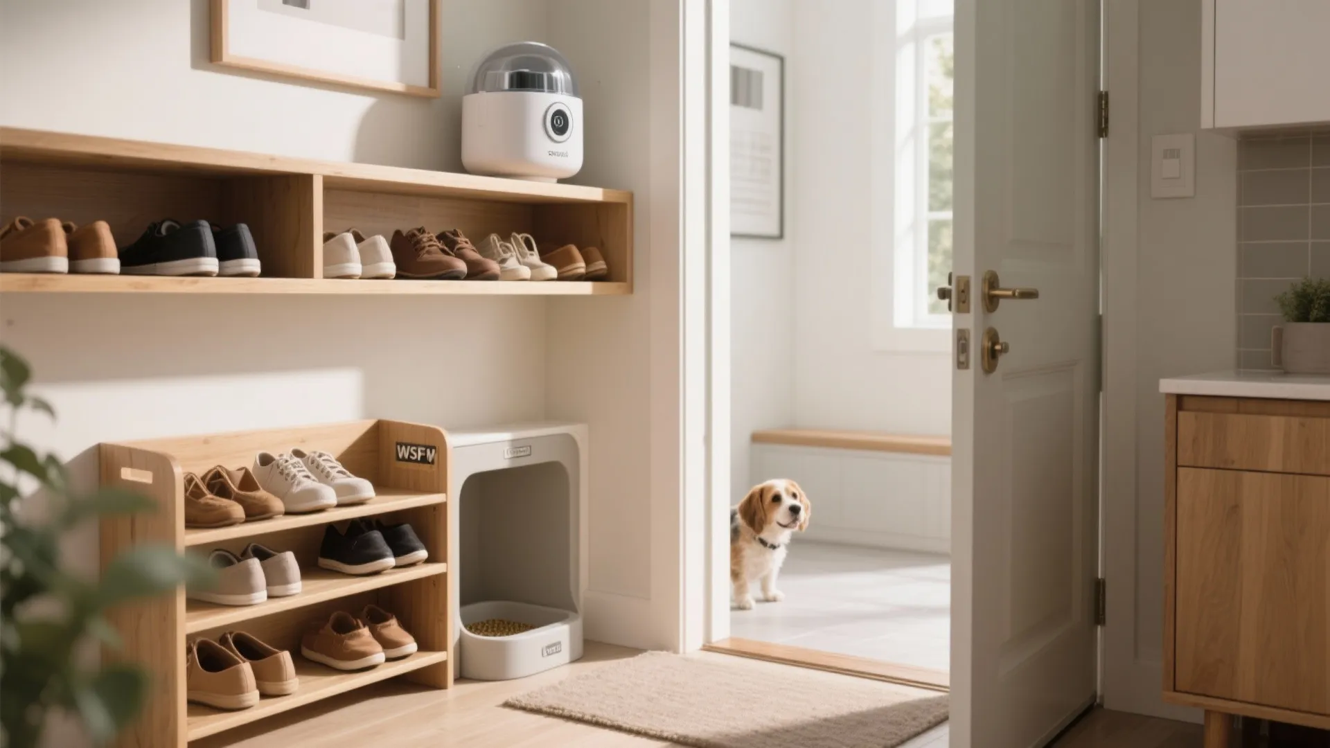 Entryway with shoe rack and a pet corner, showing a discreet scent pod placed out of pets' reach to reduce odors.