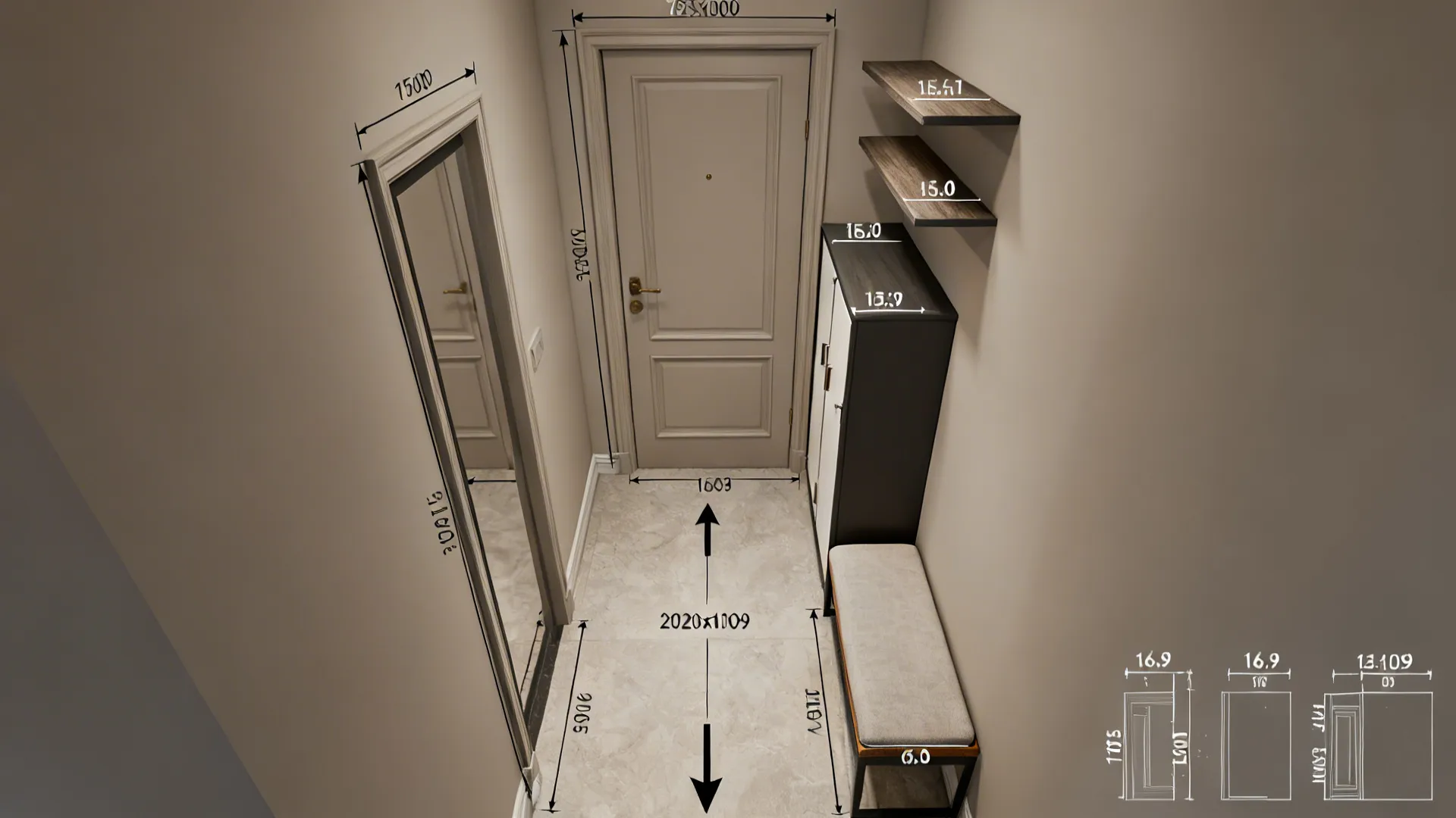 Top-down visualization of a narrow entryway showing door swing, circulation, and storage placement options.